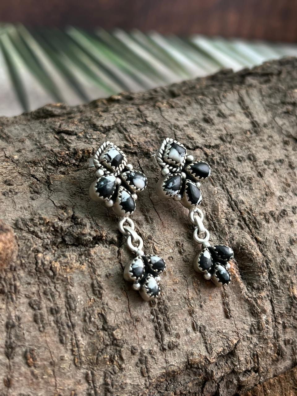 Handmade Sterling Silver White Buffalo Post Dangle Earrings "Signed Nizhoni"