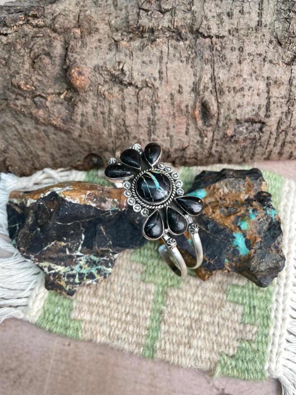Handmade Sterling Silver Blackjack Turquoise Cuff Bracelet "Signed Nizhoni"