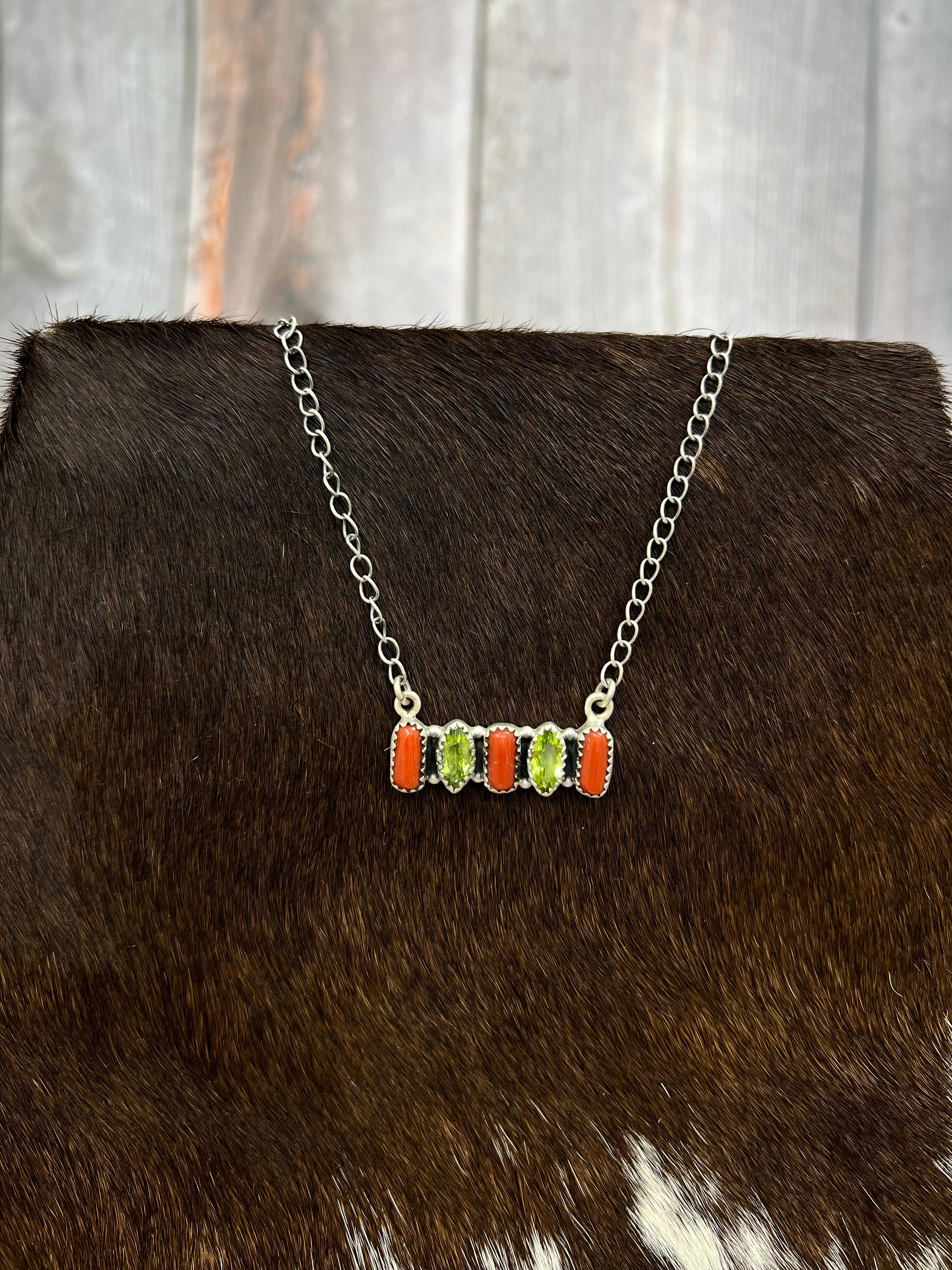 Christmas Collection Handmade Sterling Silver Coral with Peridot Bar Necklace with Signed Nizhoni