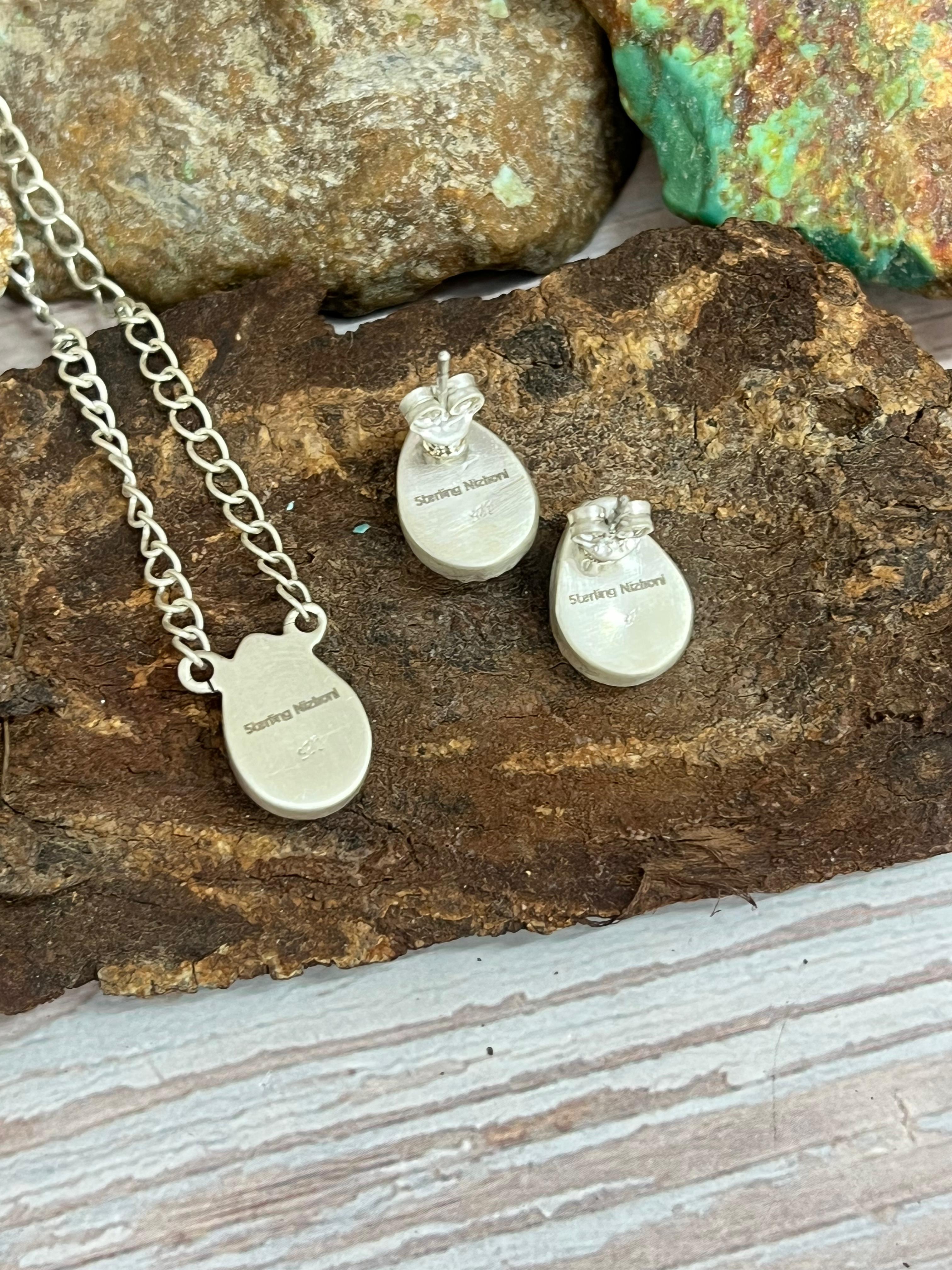 Handmade Sterling Silver White Buffalo Necklace Earrings Set with Signed Nizhoni