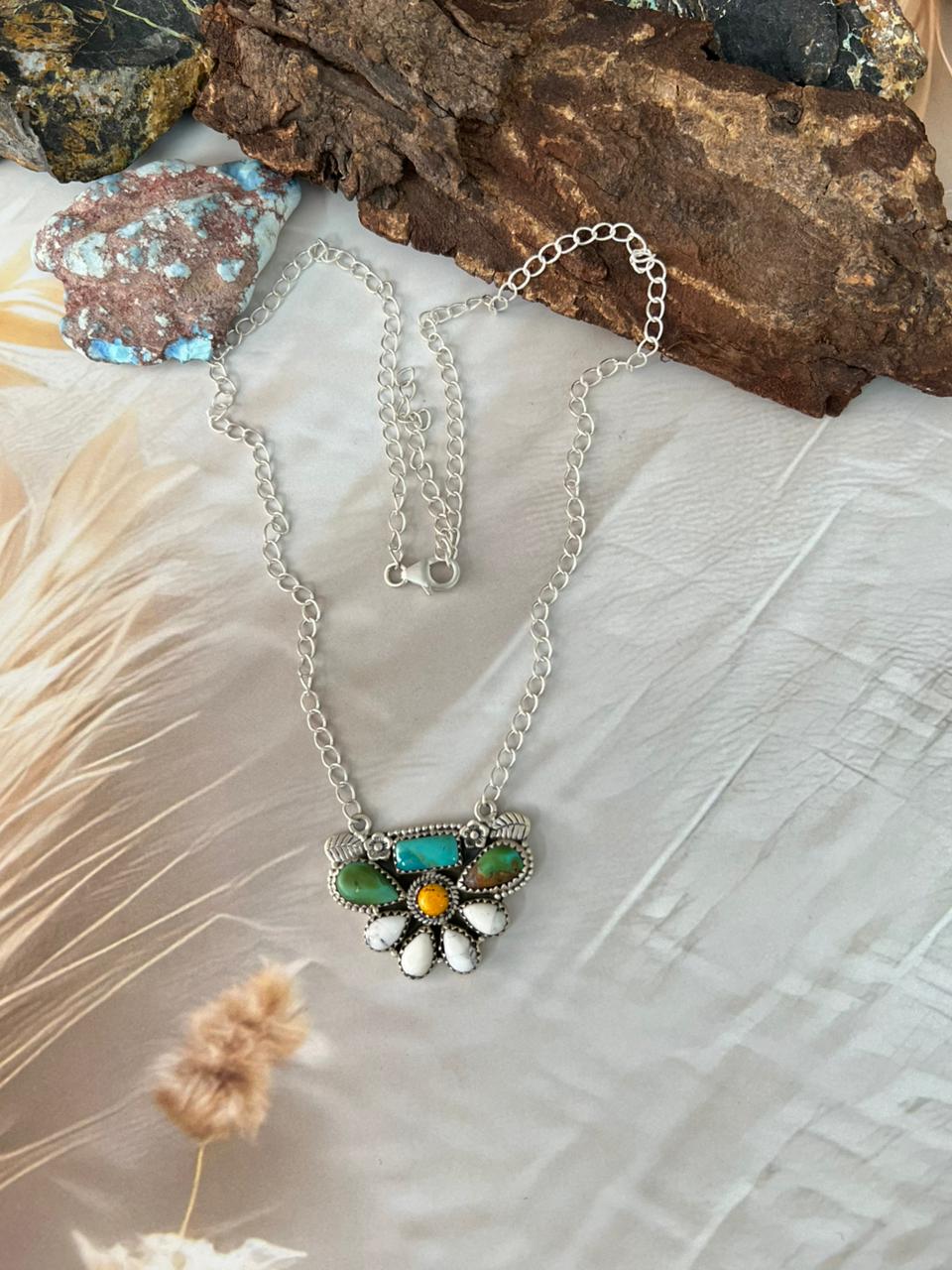 Handmade Sterling Silver Spring Collection: White Buffalo with Bumblebee & Sonoran Mountain Turquoise Necklace "Signed Nizhoni"