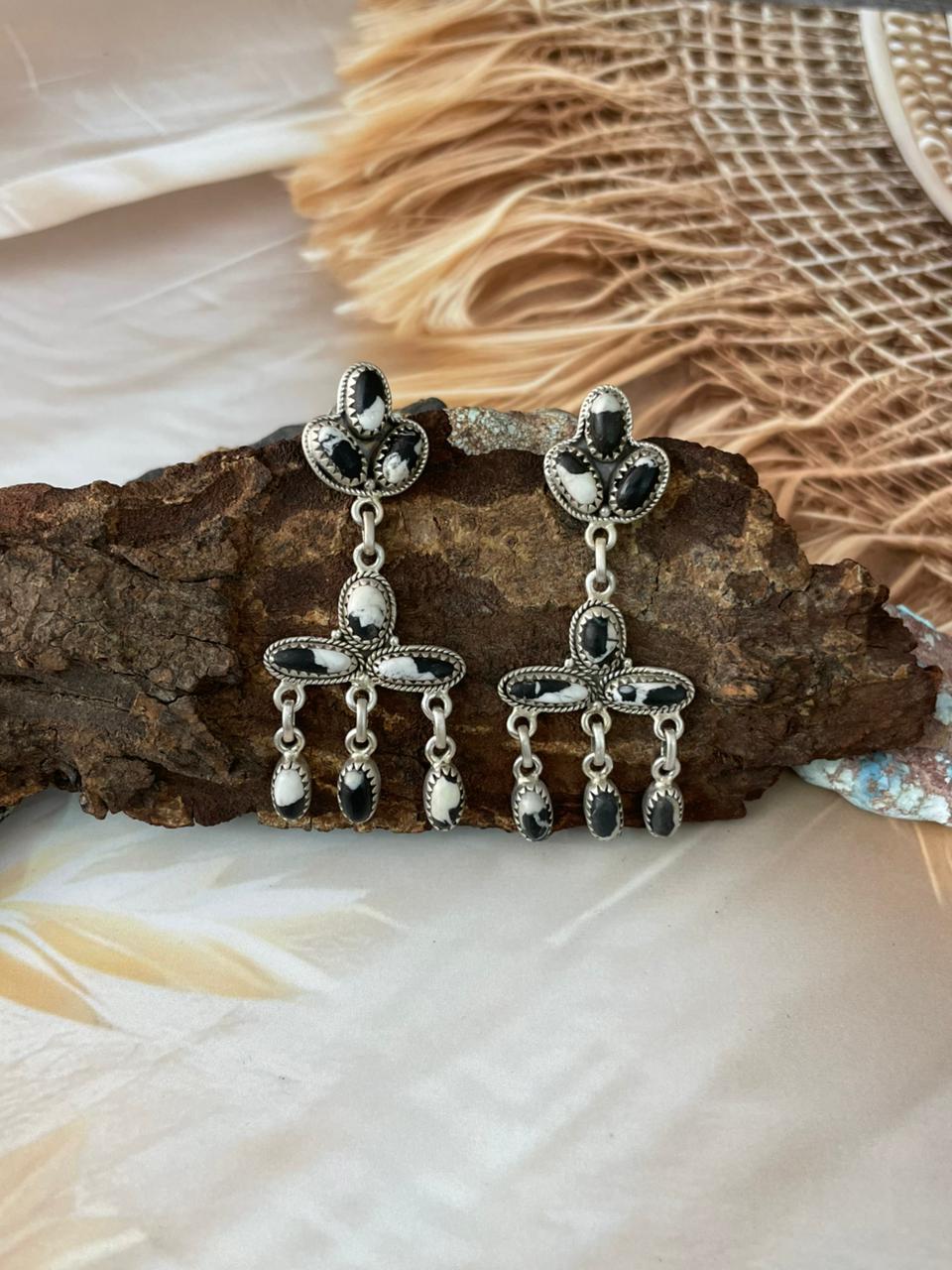 Handmade Sterling Silver White Buffalo Post Dangle Earrings "Signed Nizhoni"