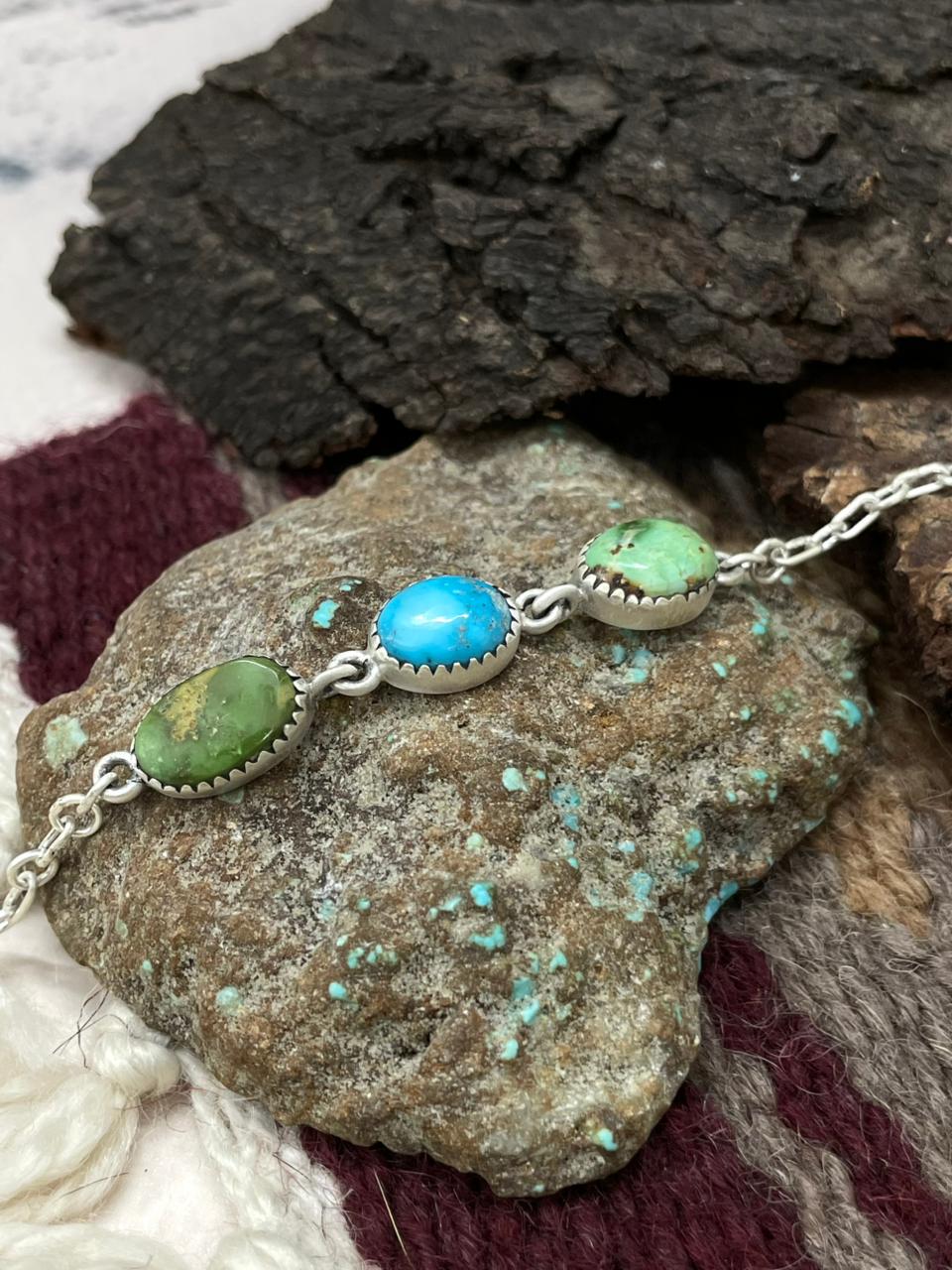 Handmade Sterling Silver Multi Stone Chain Bracelet "Signed Nizhoni"