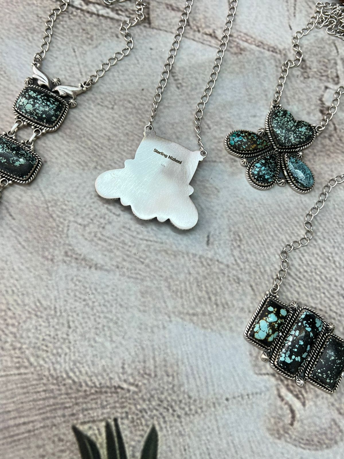 Handmade Sterling Silver Lander Turquoise Necklace with Signed Nizhoni