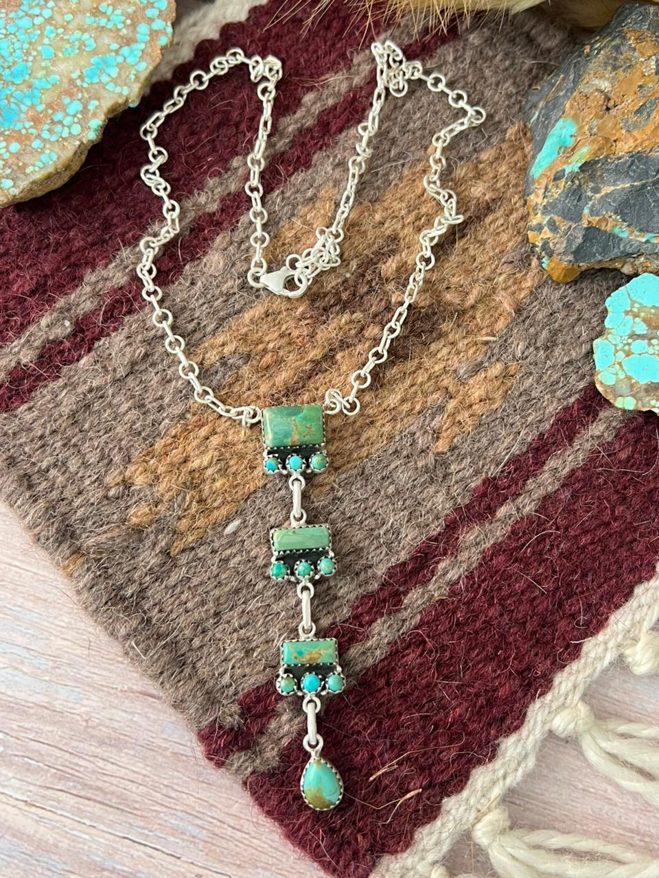 Handmade Sterling Silver Kingman Turquoise Drop Necklace "Signed Nizhoni"