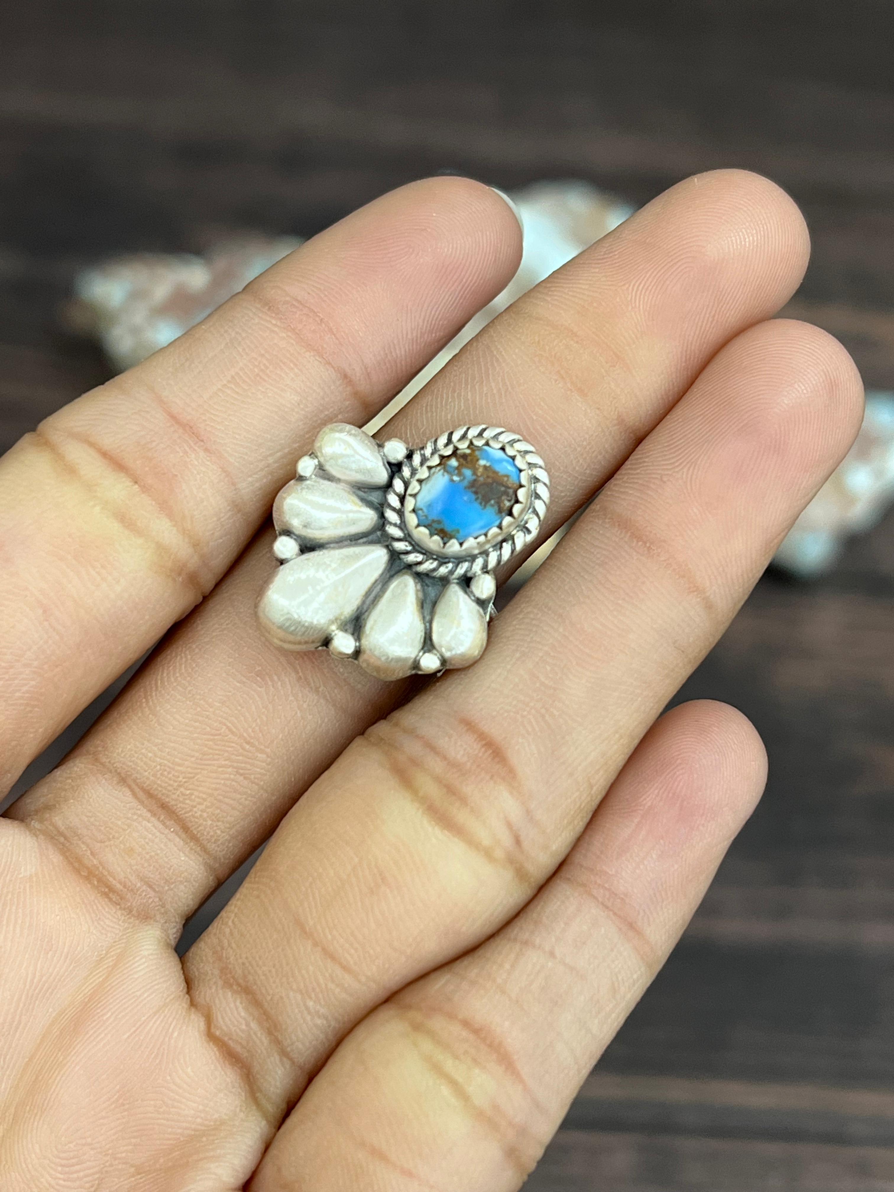 Handmade Sterling Silver with Golden Hills Turquoise Adjustable Ring With Signed Nizhoni
