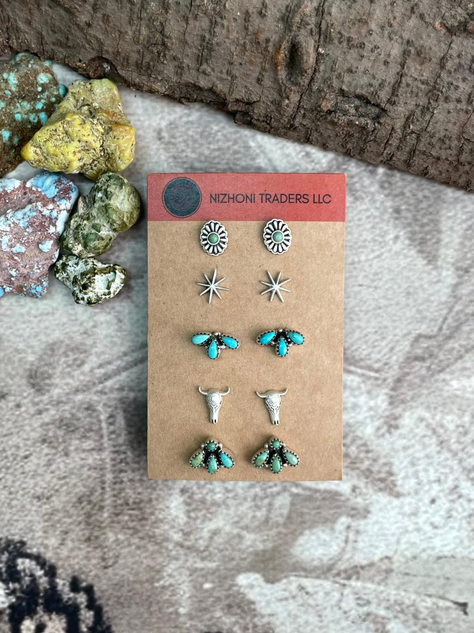 Handmade Sterling Silver Kingman Turquoise Post Studs Cards "Signed Nizhoni"