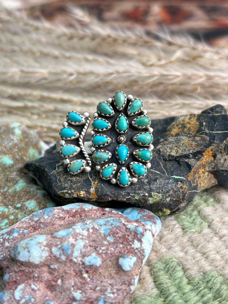 Handmade Sterling Silver Kingman Turquoise Adjustable Ring "Signed Nizhoni"