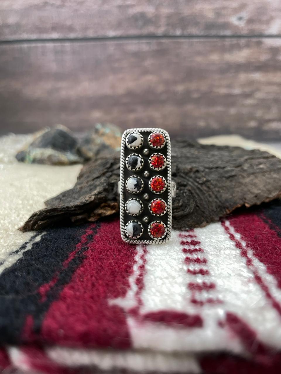 "Christmas Collection" Handmade Sterling Silver White Buffalo with Red Opal Adjustable Ring "Signed Nizhoni"
