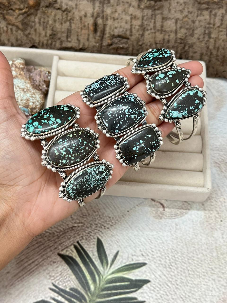 Handmade Sterling Silver Lander Turquoise Cuff Bracelet with Signed Nizhoni