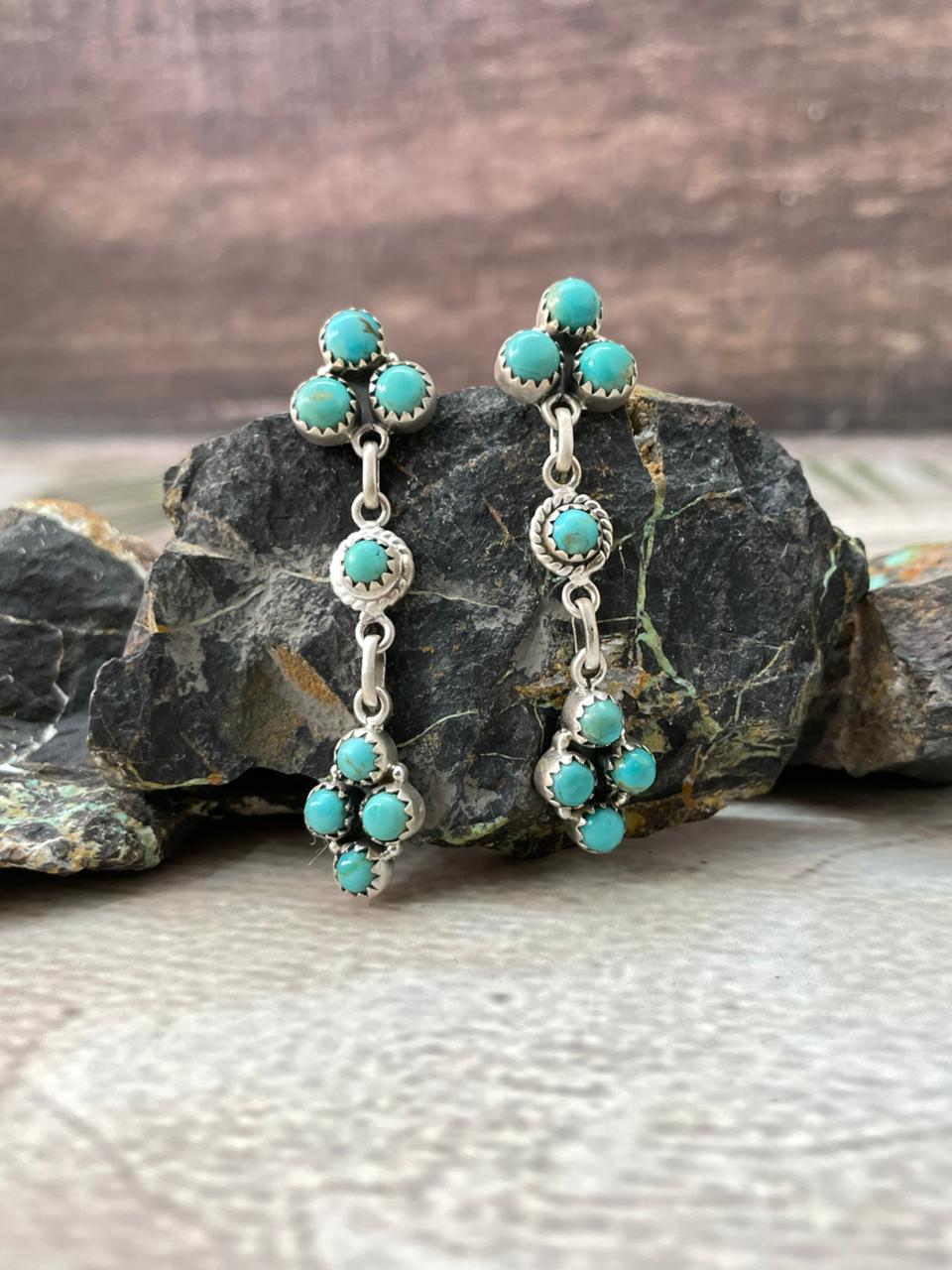 Handmade Sterling Silver Kingman Turquoise Post Dangle Earrings "Signed Nizhoni"