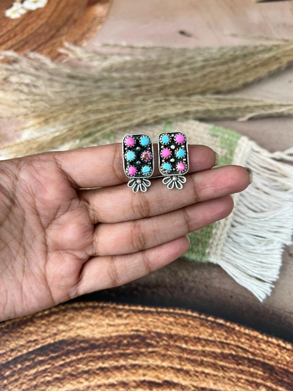 Handmade Sterling Silver Cotton Candy Post Studs Earrings "Signed Nizhoni"