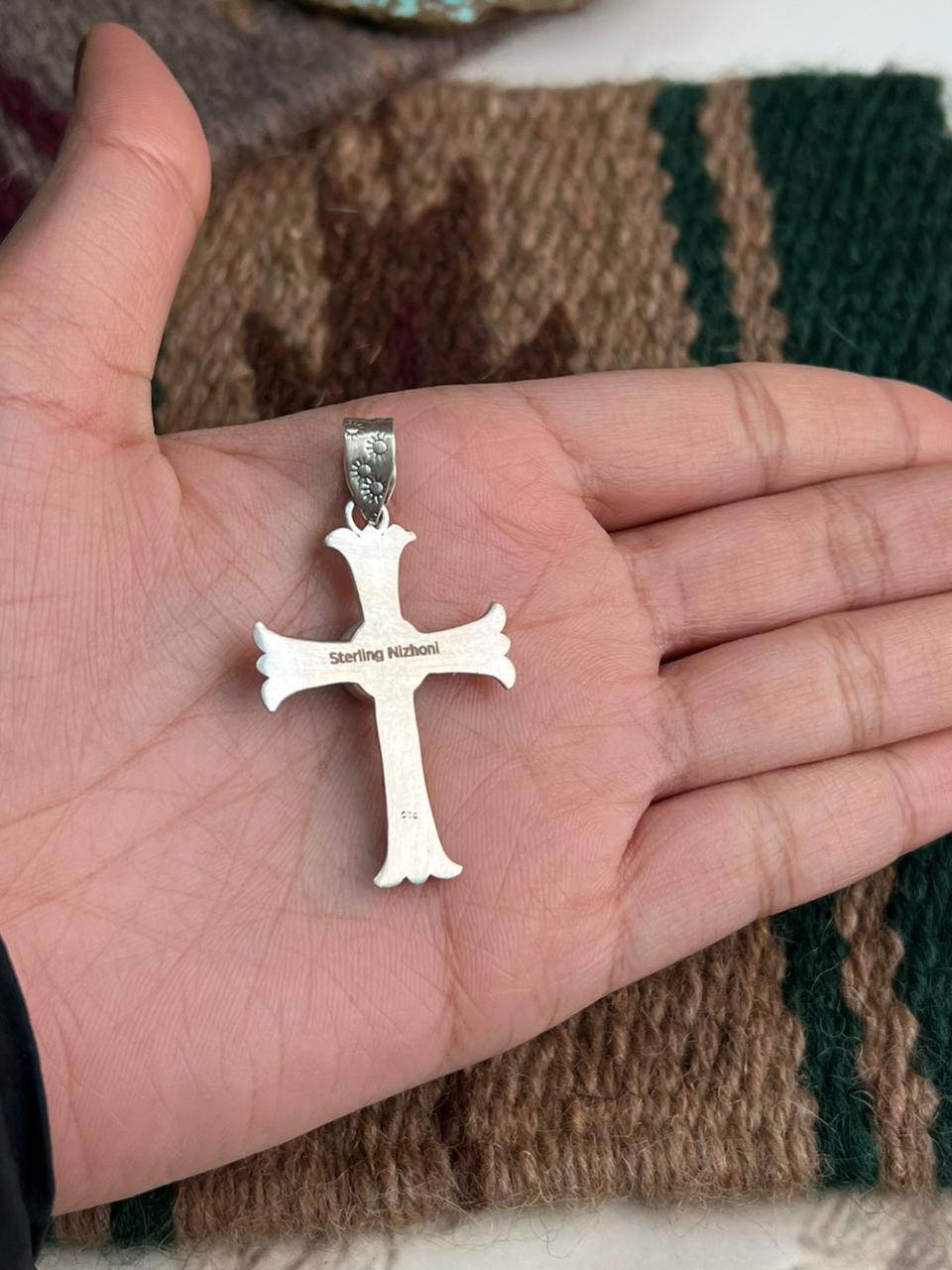 Handmade Sterling Silver Kingman Turquoise Cross Pendant "Signed Nizhoni"