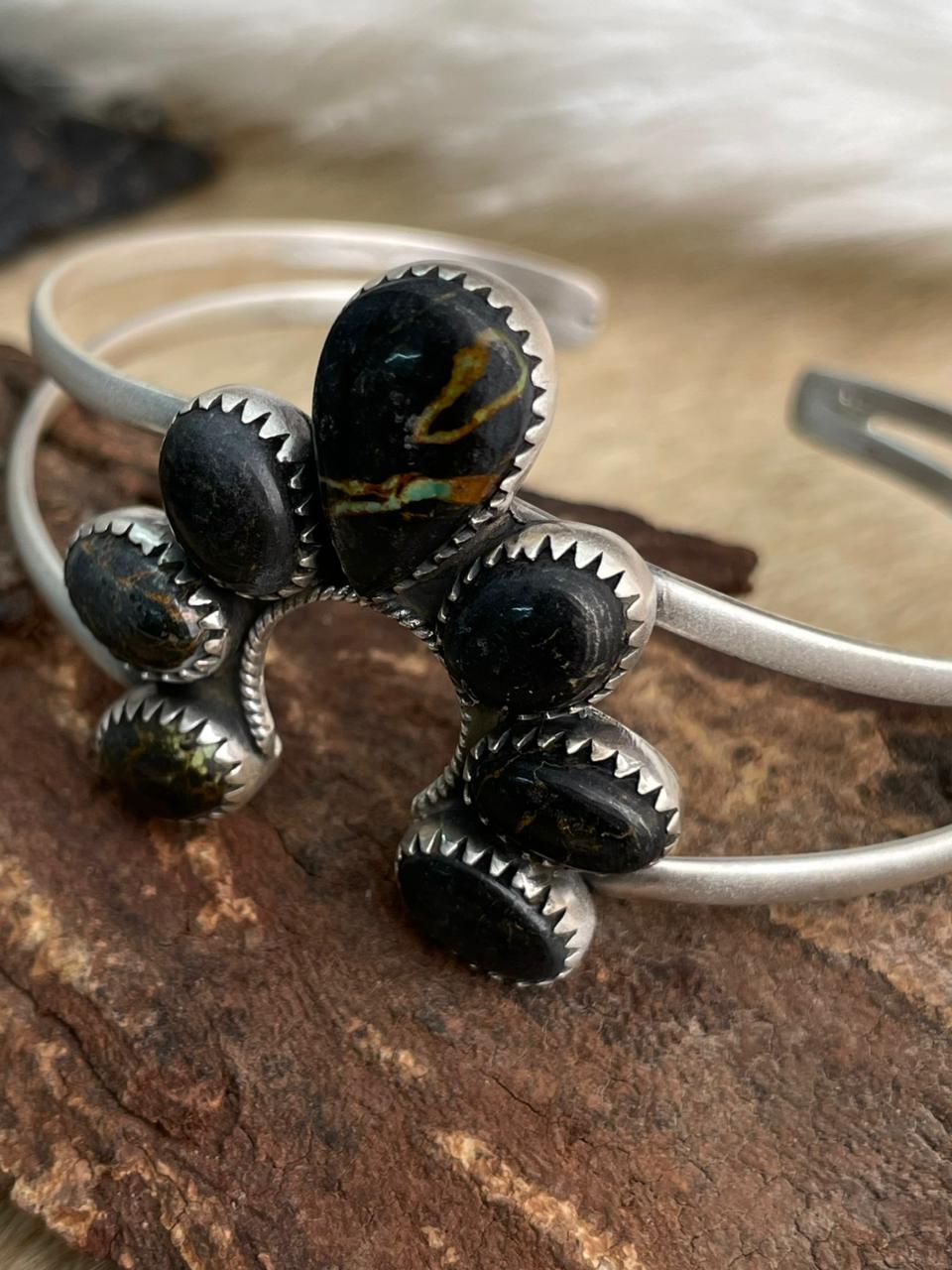 Handmade Sterling Silver Blackjack Turquoise Naja Bracelet "Signed Nizhoni"