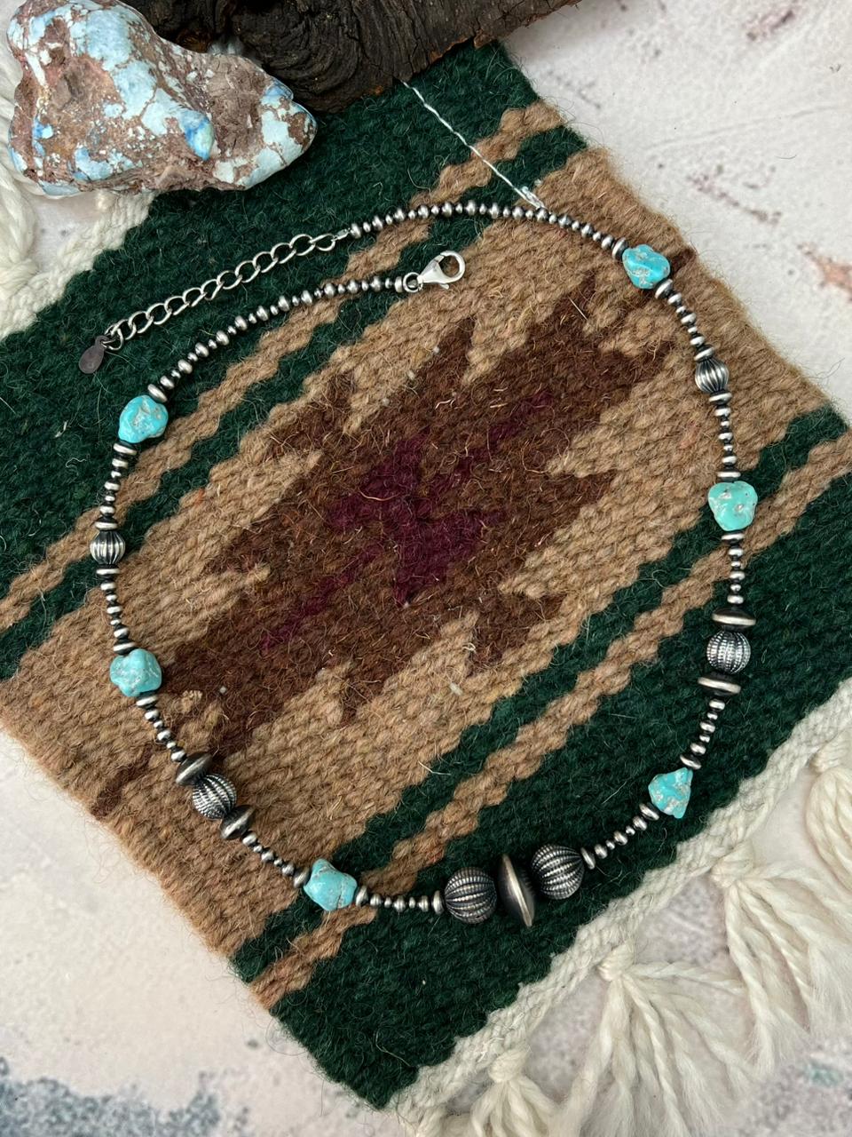 Handmade Sterling Silver Beaded White Water Turquoise Necklace "Signed Nizhoni"