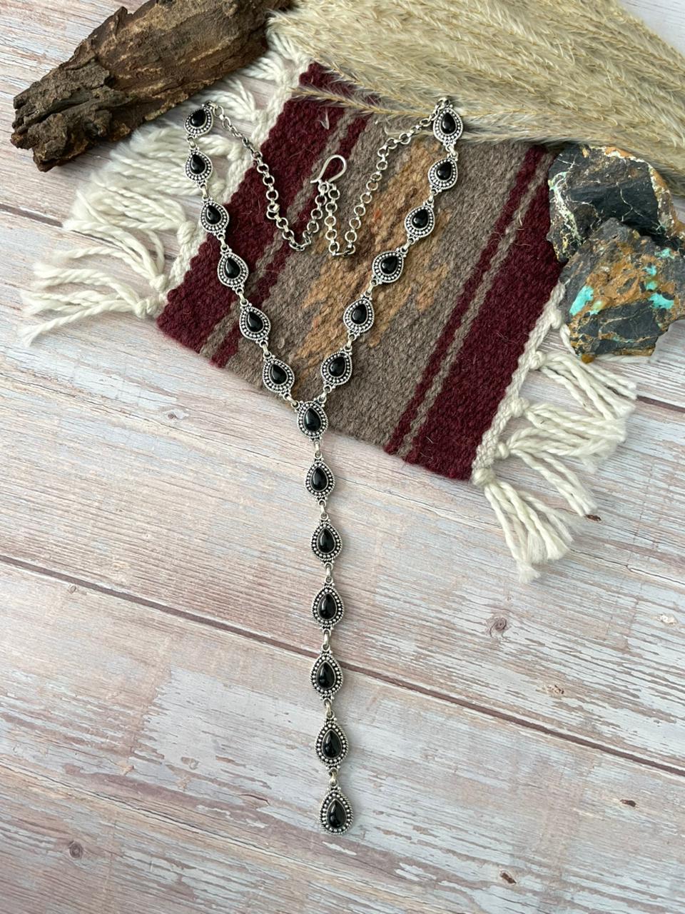 Handmade Sterling Silver Black Onyx 'Y Shaped' Necklace "Signed Nizhoni"