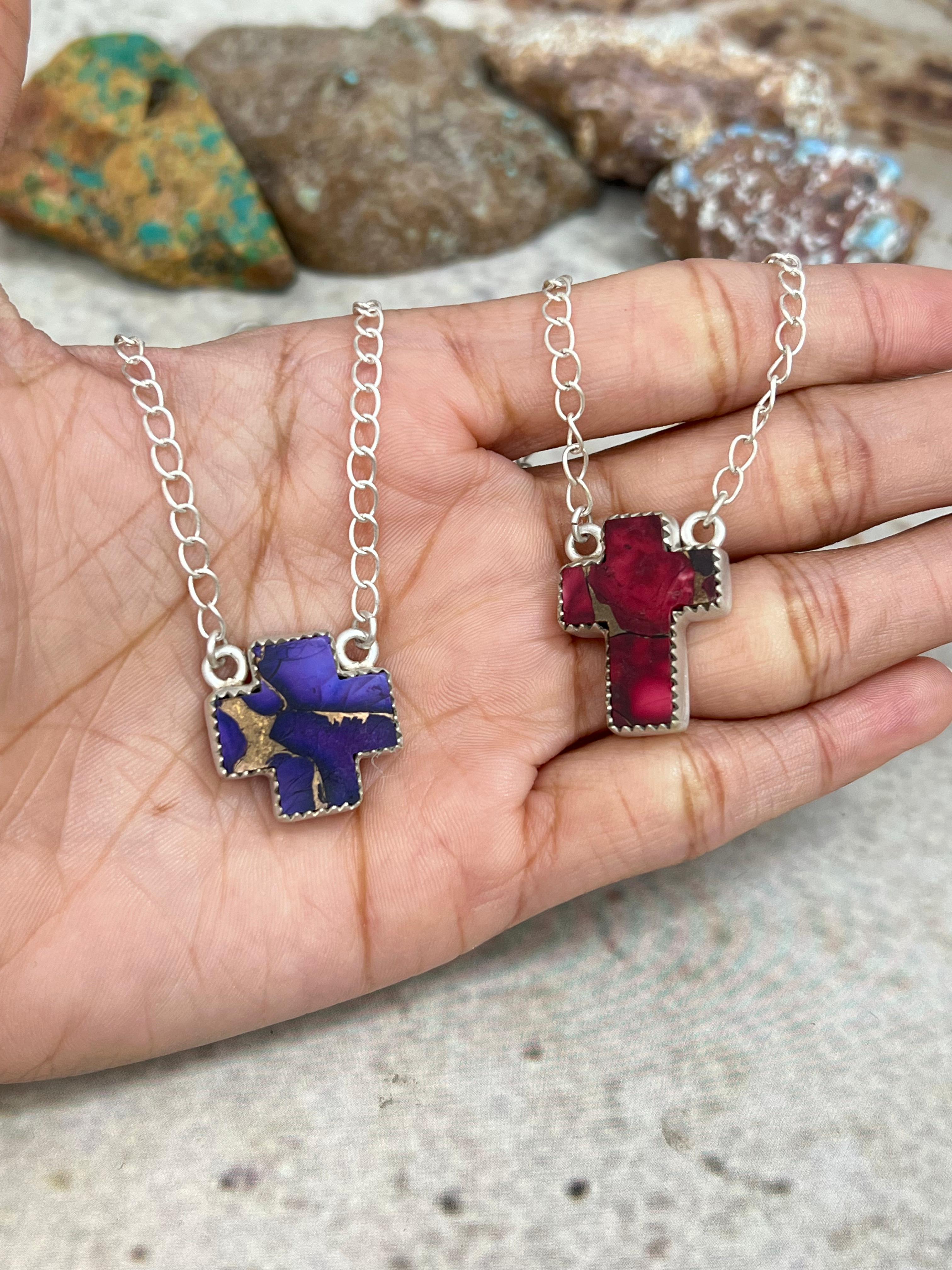 Handmade Sterling Silver Grape Dahlia, Dahlia Rose Cross Necklace with Signed Nizhoni (4)