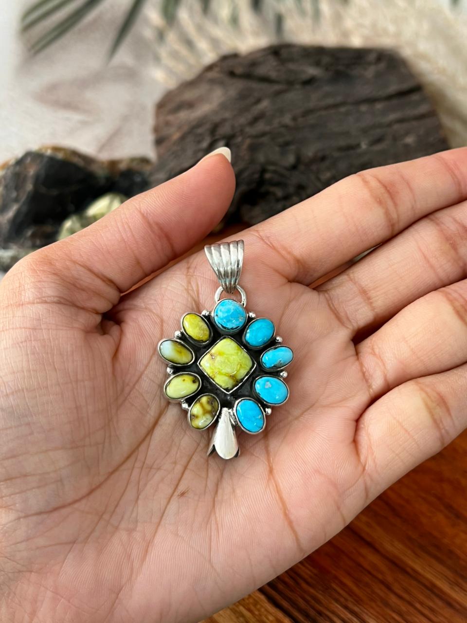Handmade Sterling Silver Palomino with White Water Turquoise Collection: Pendant "Signed Nizhoni"