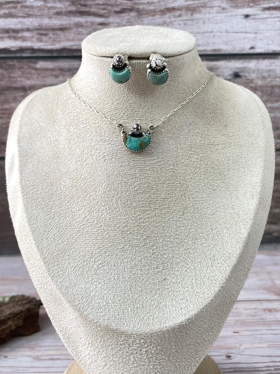 Handmade Sterling Silver Wildhorse Magnesite With Kingman Turquoise Moon Shape Necklace Earrings Set with Signed Nizhoni