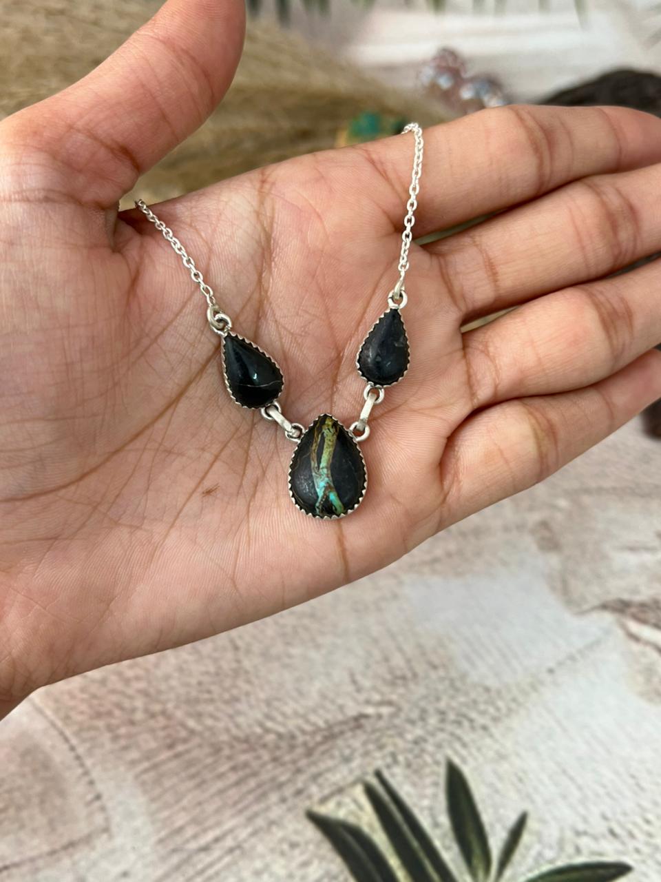 Handmade Sterling Silver Blackjack Turquoise Necklace "Signed Nizhoni"