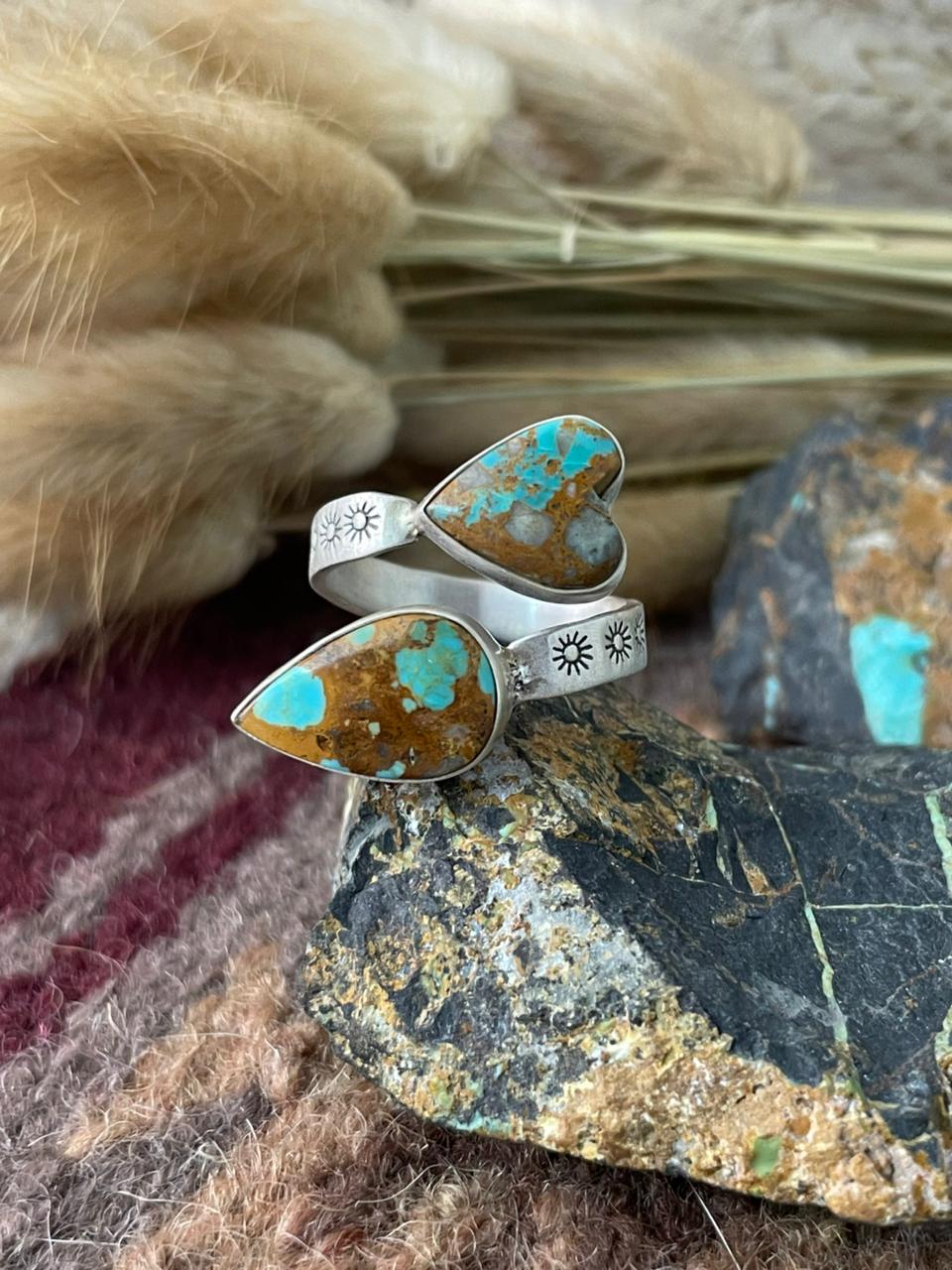 Handmade Sterling Silver Royston Ribbon Turquoise Adjusatble Ring "Signed Nizhoni"