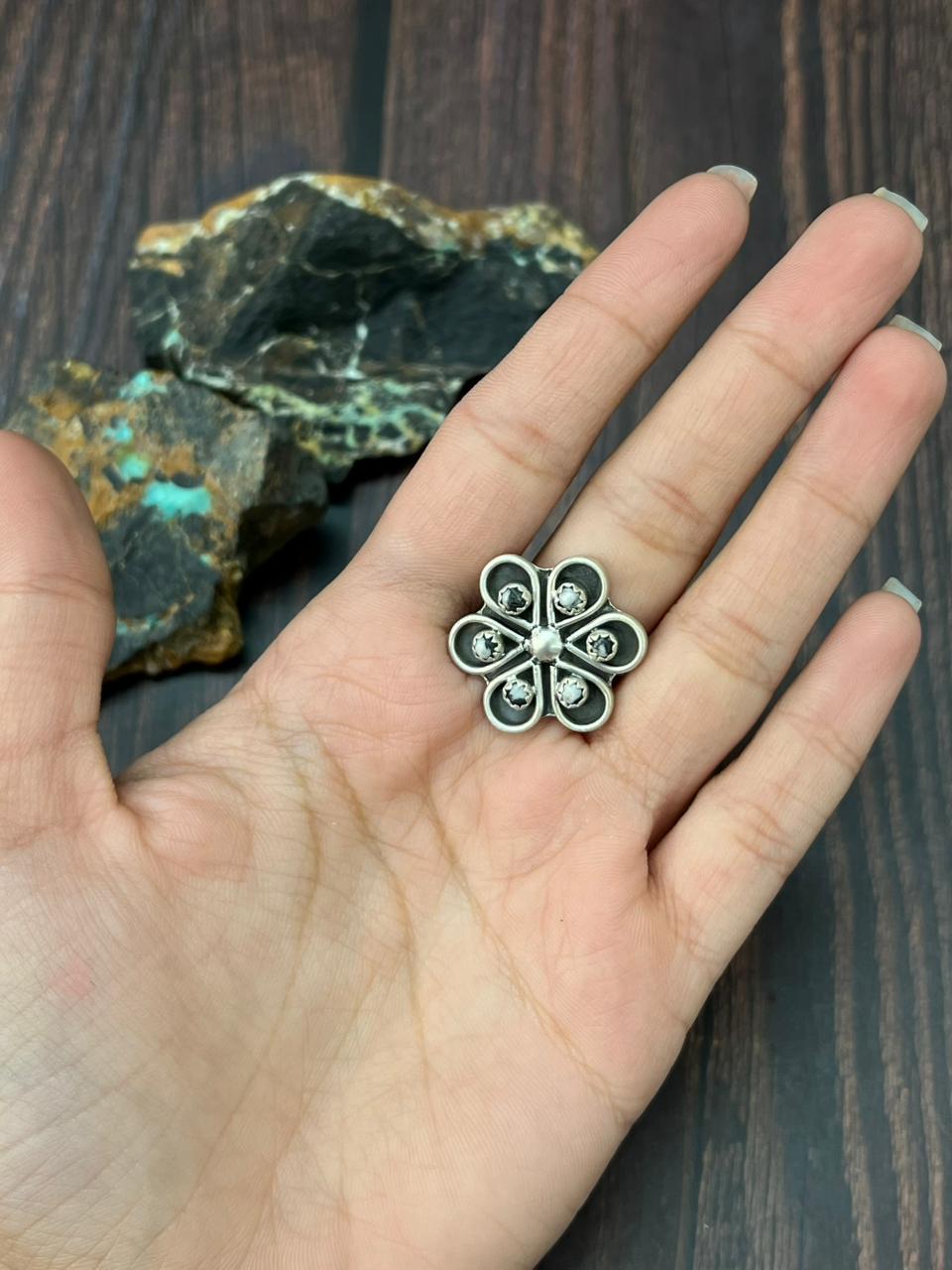 Handmade Sterling Silver White Buffalo Adjustable Ring "Singed Nizhoni" (1)