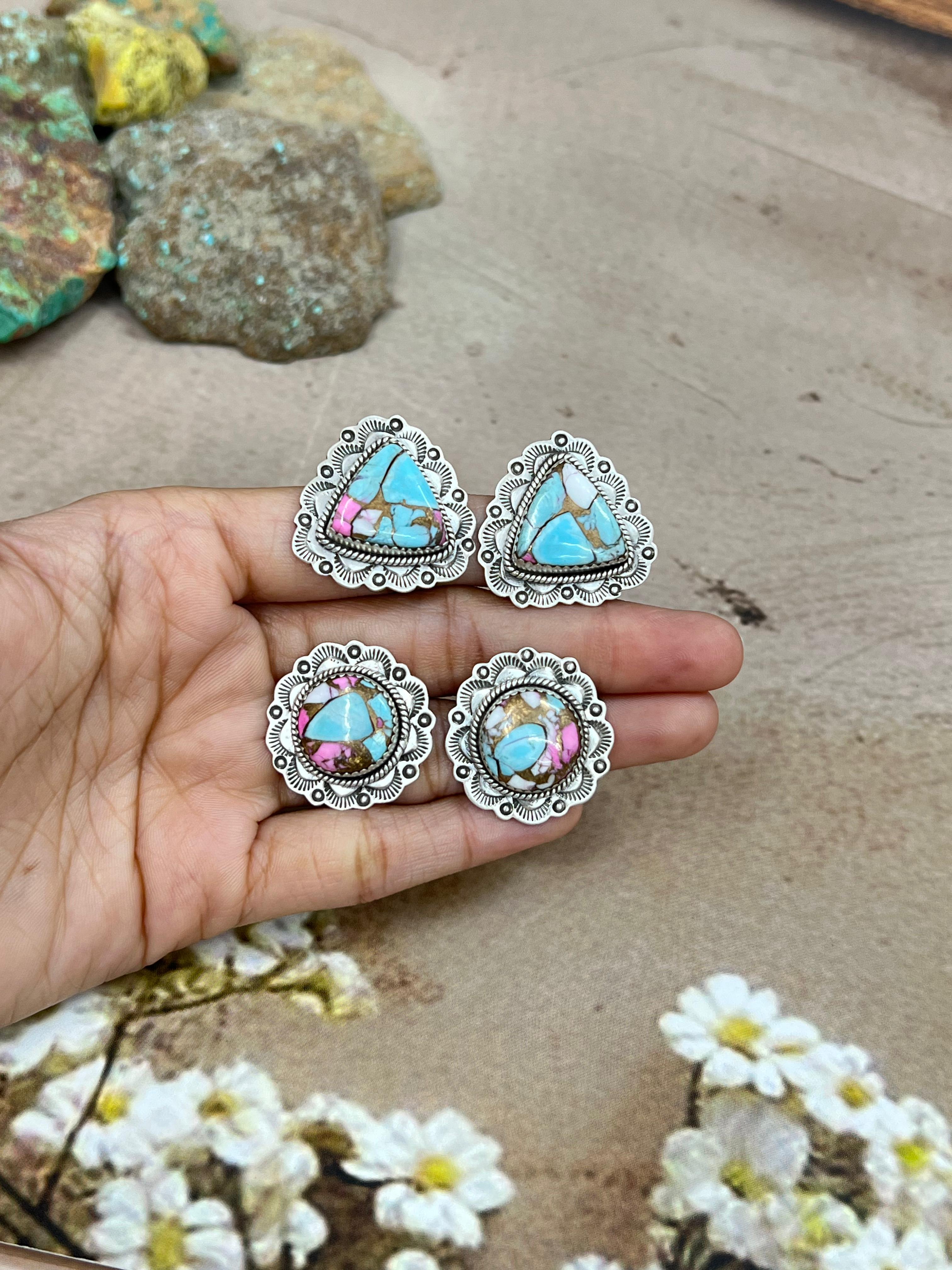 Handmade Sterling Silver Cotton Candy Turquoise Post Earrings with Signed Nizhoni