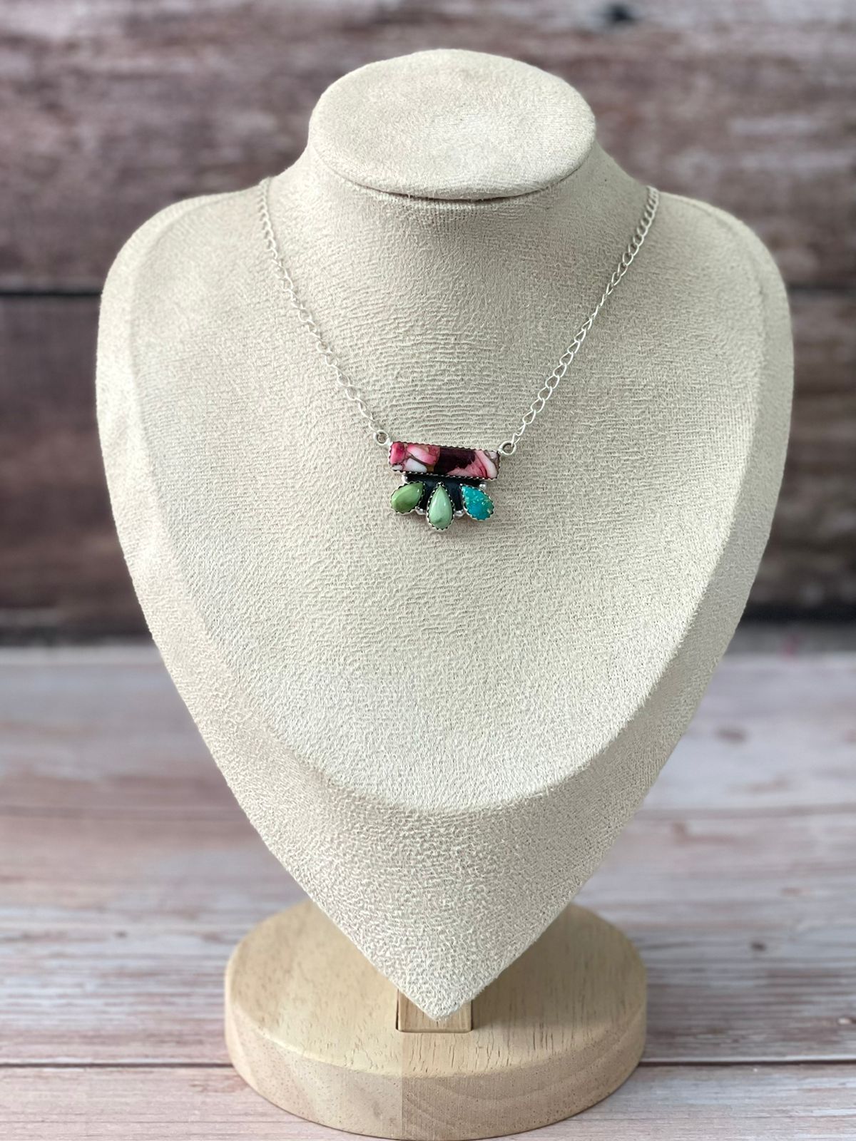 Handmade Sterling Silver Dahlia Rose with Emerald Valley Turquoise Necklace "Signed Nizhoni"