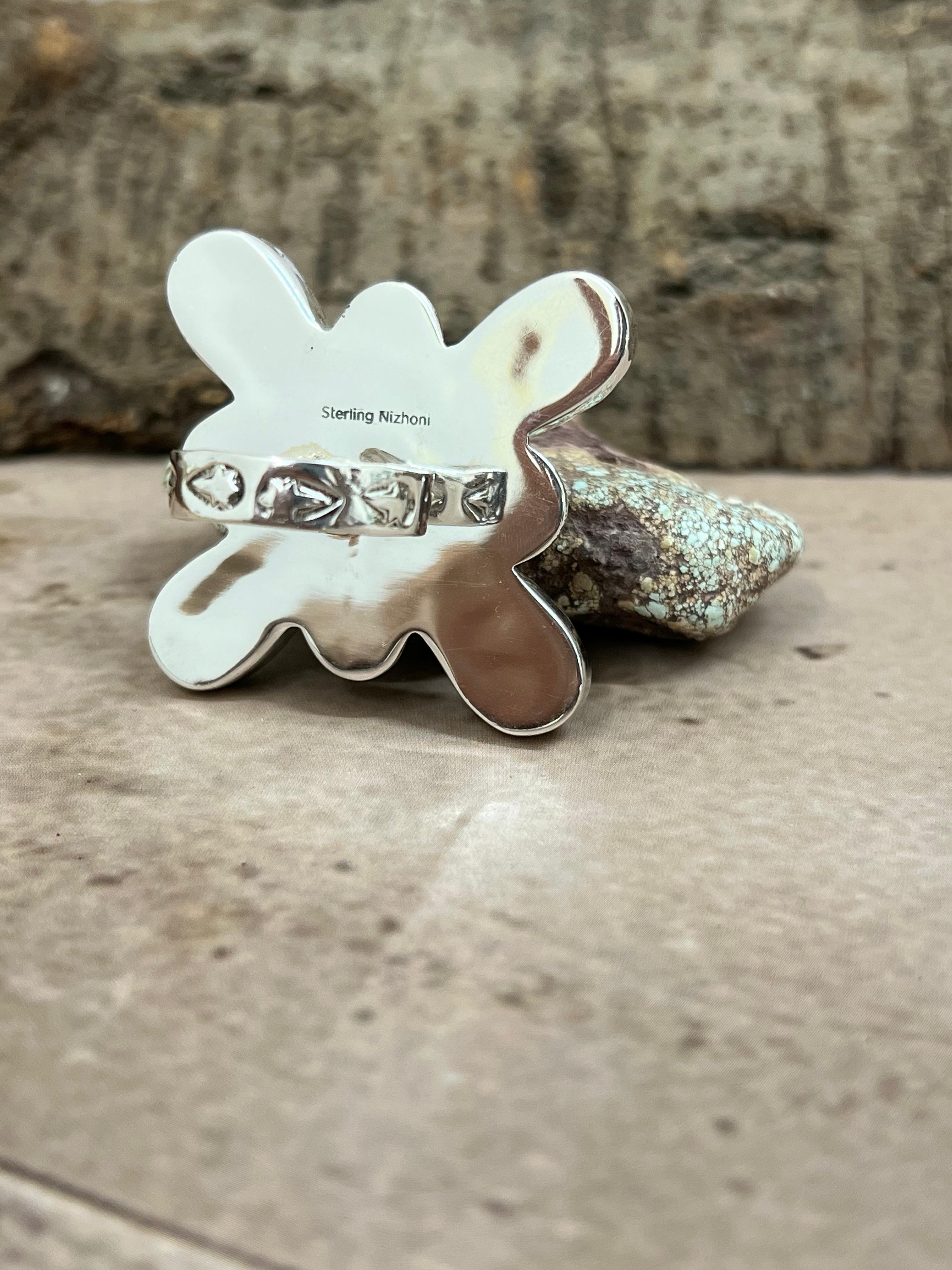 Handmade Sterling Silver Peacock Dahlia with Druzy Adjustable Ring with Signed Nizhoni