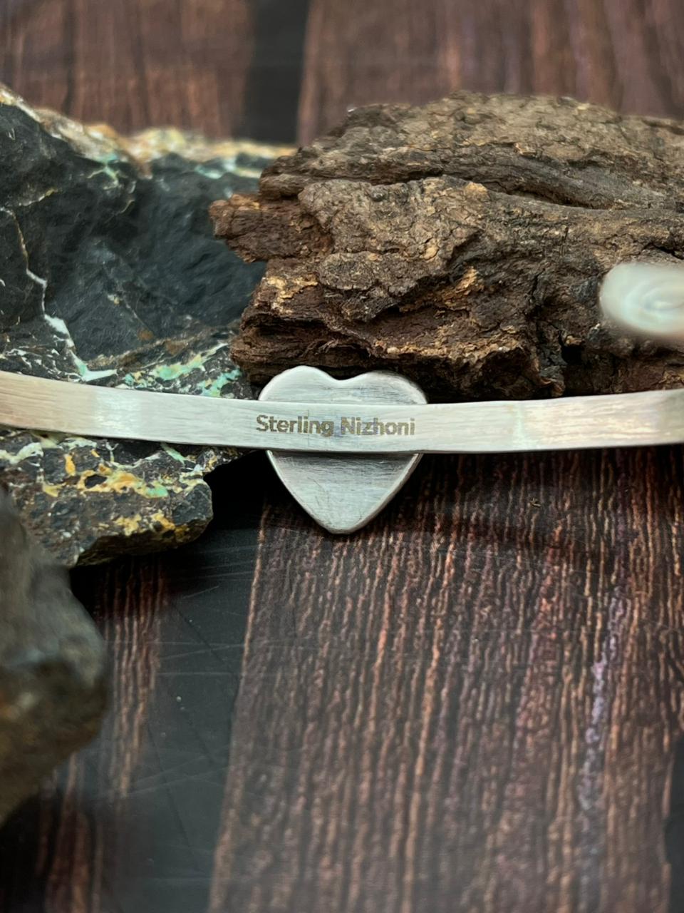 Handmade Sterling Silver Royston Ribbon Turquoise Heart Cuff Bracelet "Signed Nizhoni"