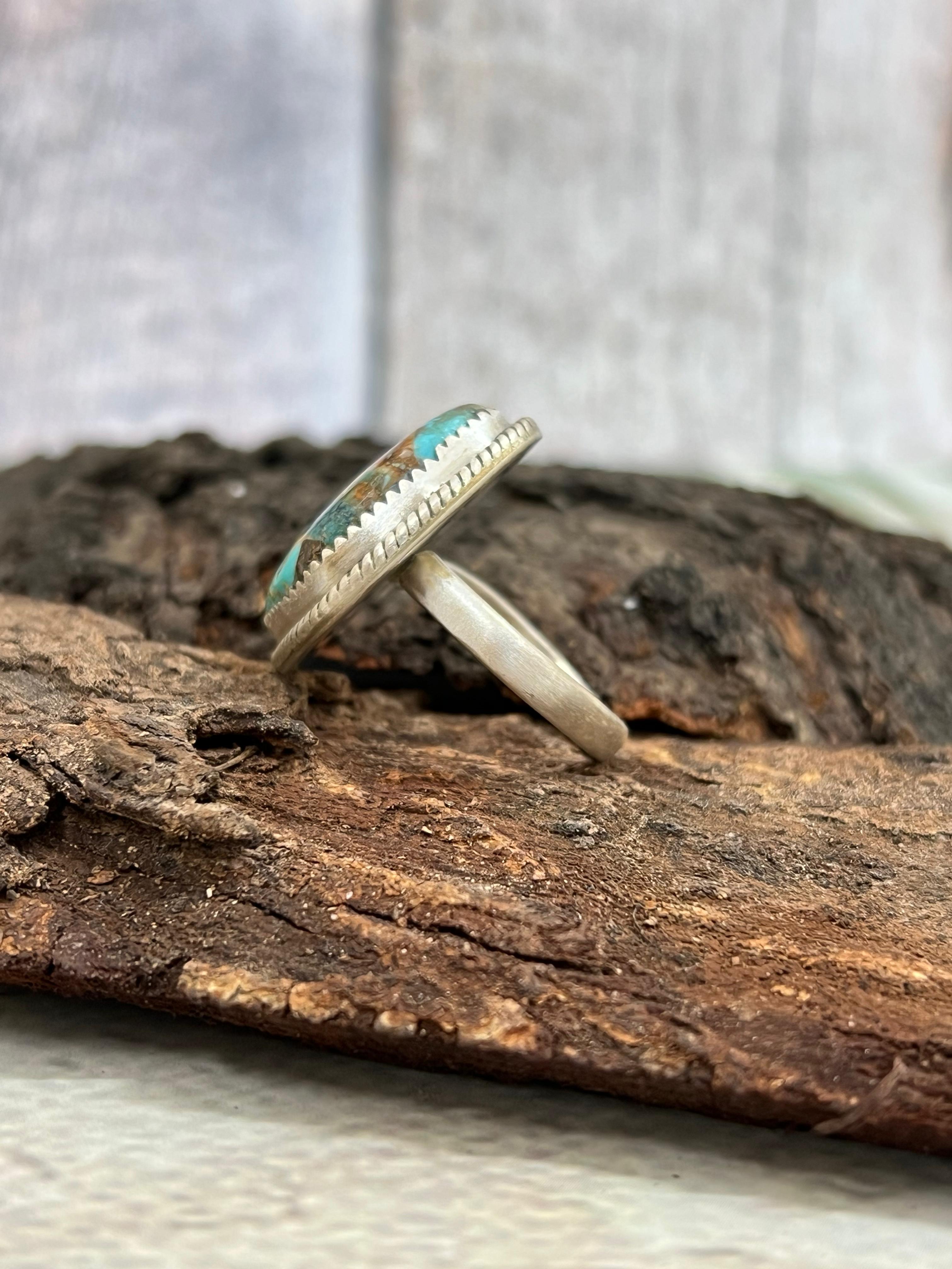 Handmade Sterling Silver Royston Turquoise Adjustable Ring with Signed Nizhoni