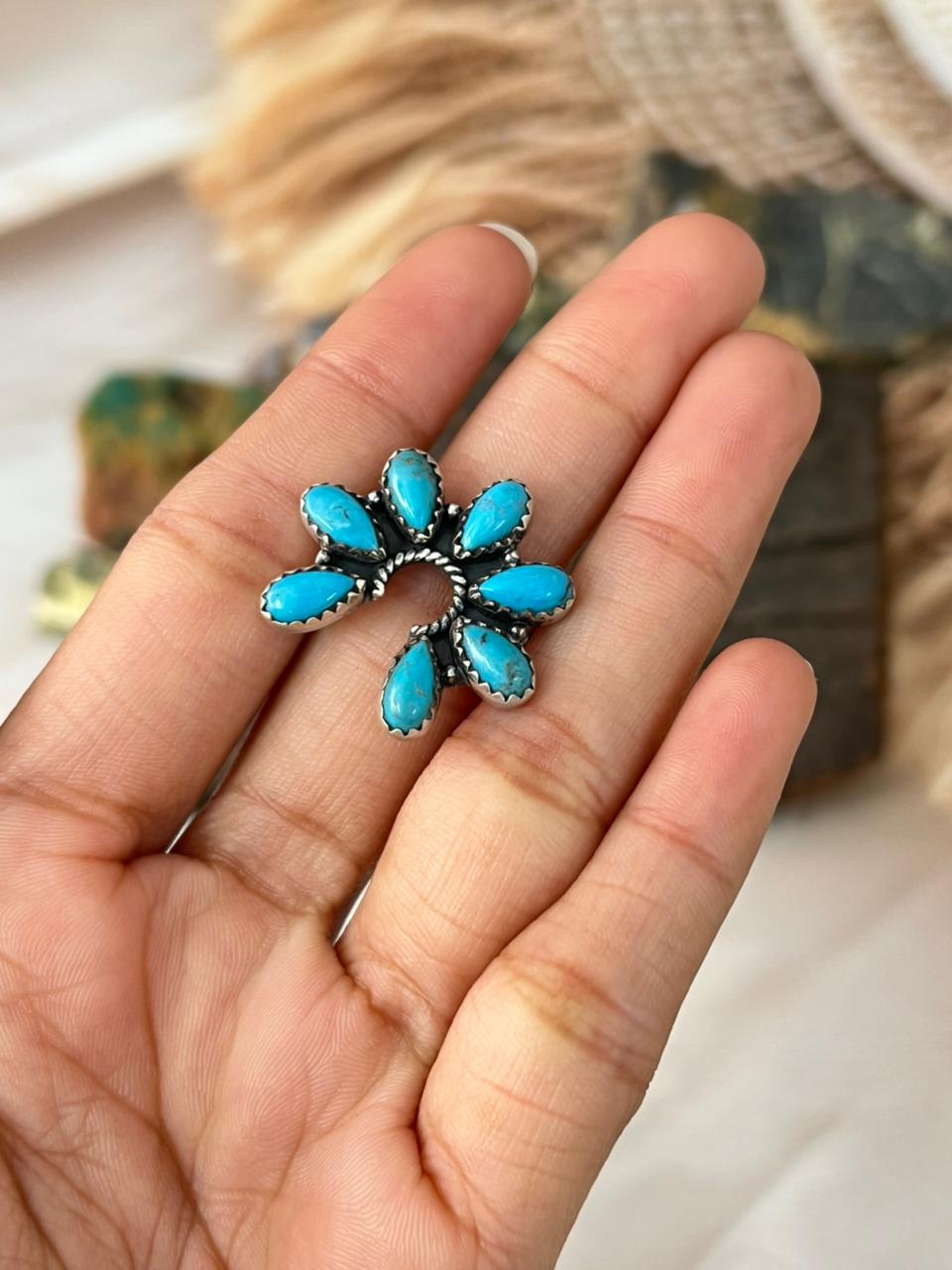 Handmade Sterling Silver Blue Turquoise Adjustable Ring "Signed Nizhoni"