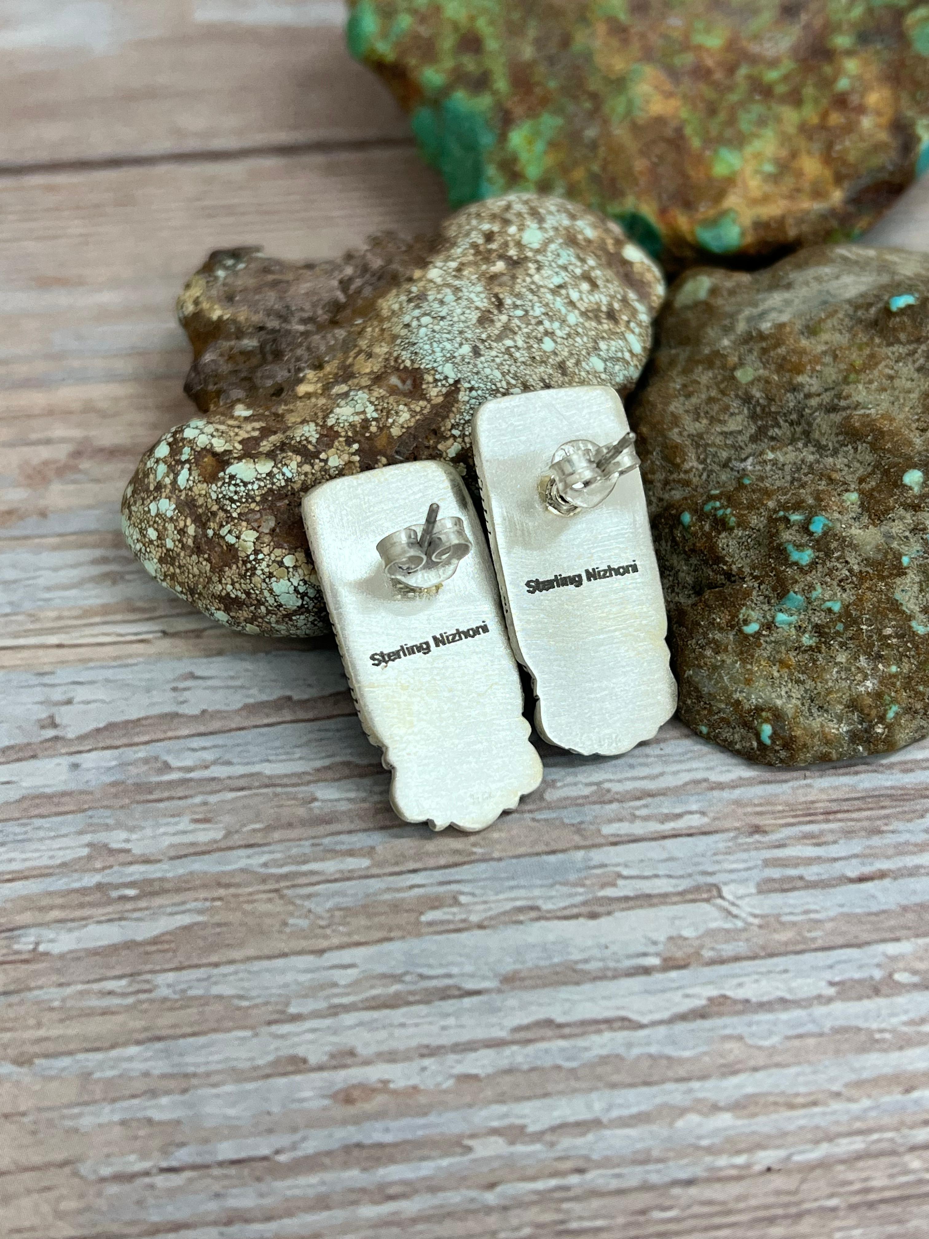 Handmade Sterling Silver Kingman Turquoise Post Earrings with Signed Nizhoni