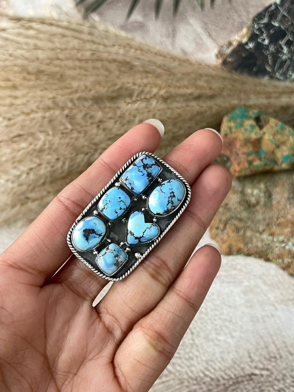 Handmade Sterling Silver Golden Hills Turquoise Adjustable Ring "Signed Nizhoni"