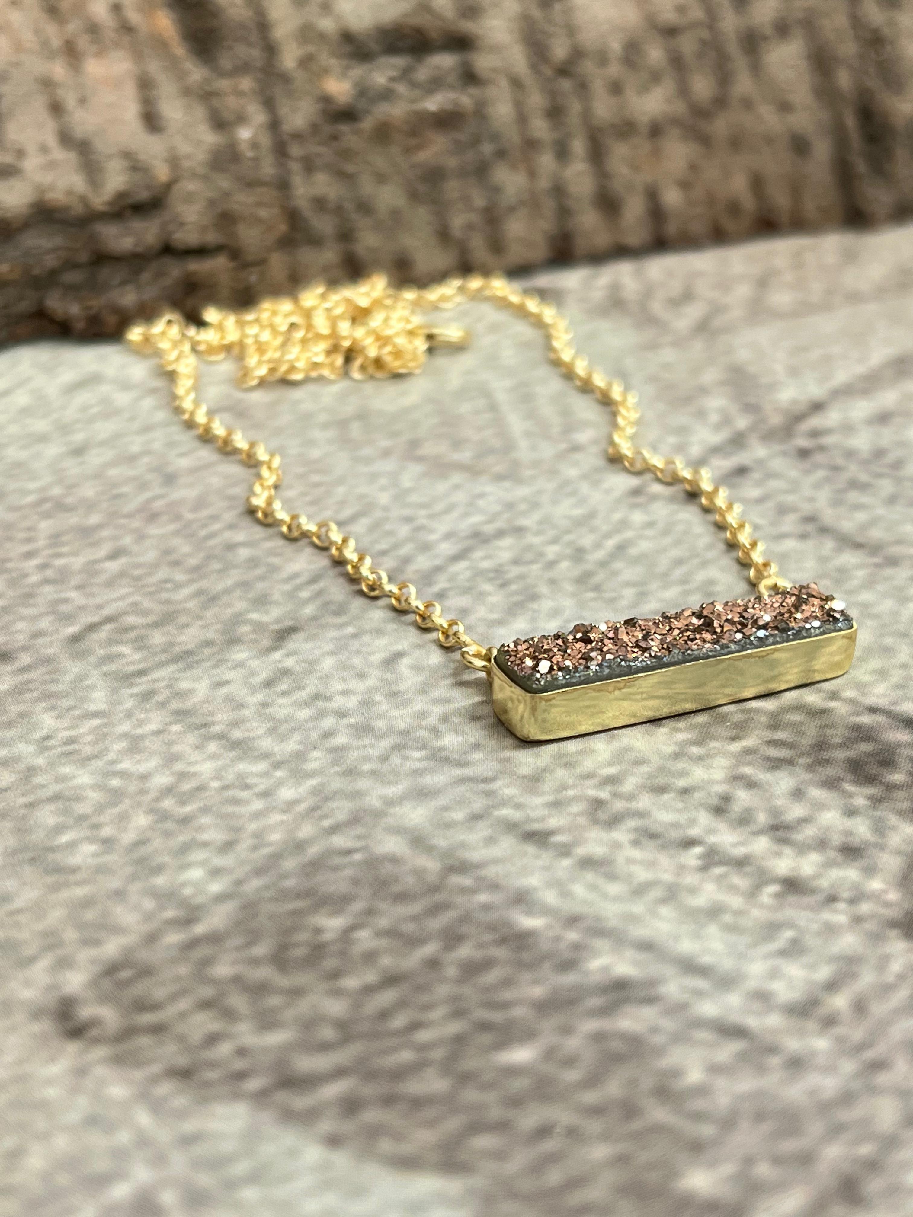 “The Boho Collection” Handmade Druzy Rose Gold Bar Necklace Signed Nizhoni