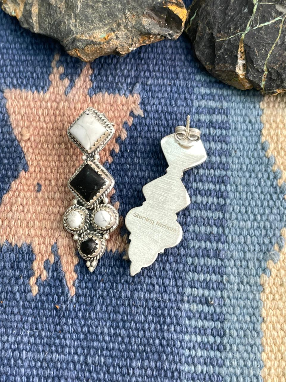 Handmade Sterling Silver White Buffalo Post Dangle Earrings "Signed Nizhoni"