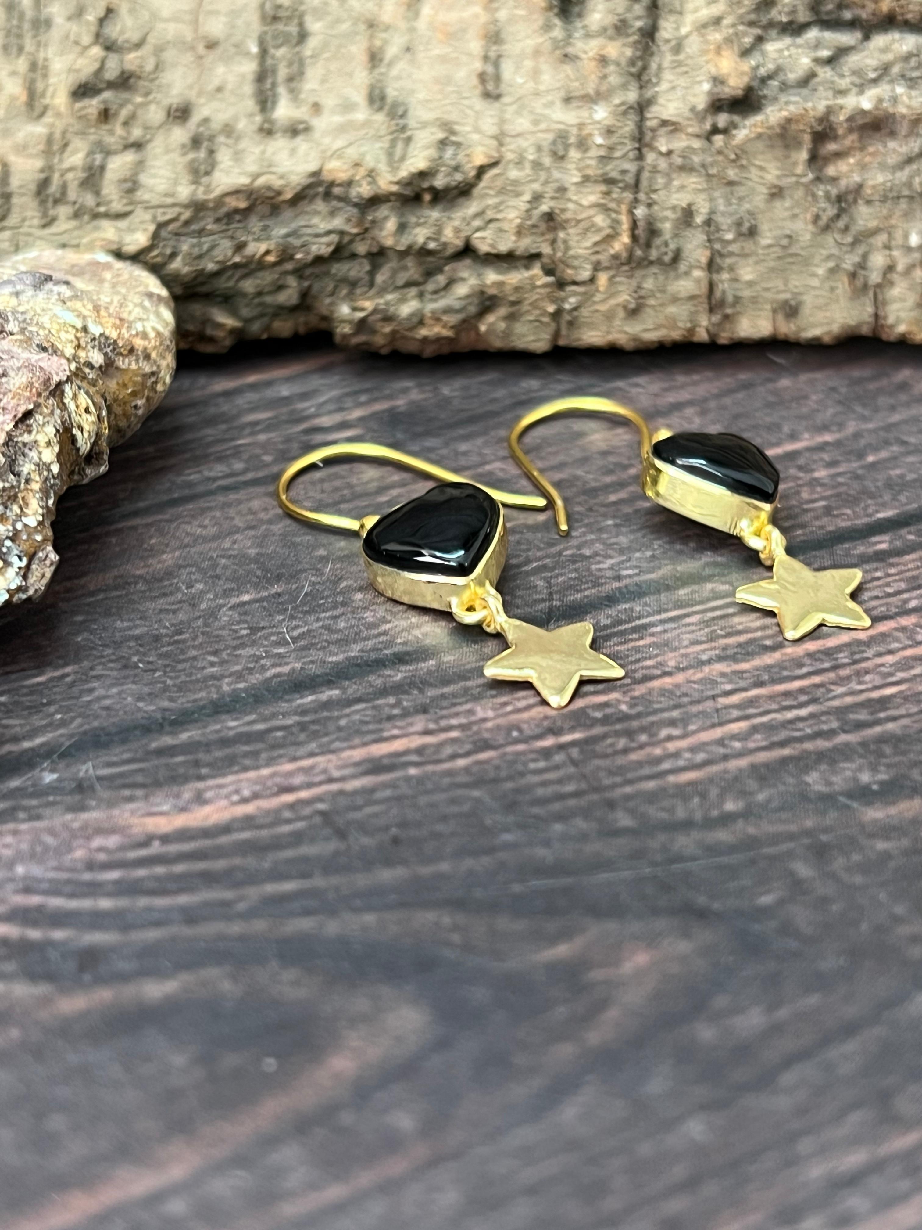 “The Golden Collection” Handmade Natural Black Onyx Hook Dangle Earrings