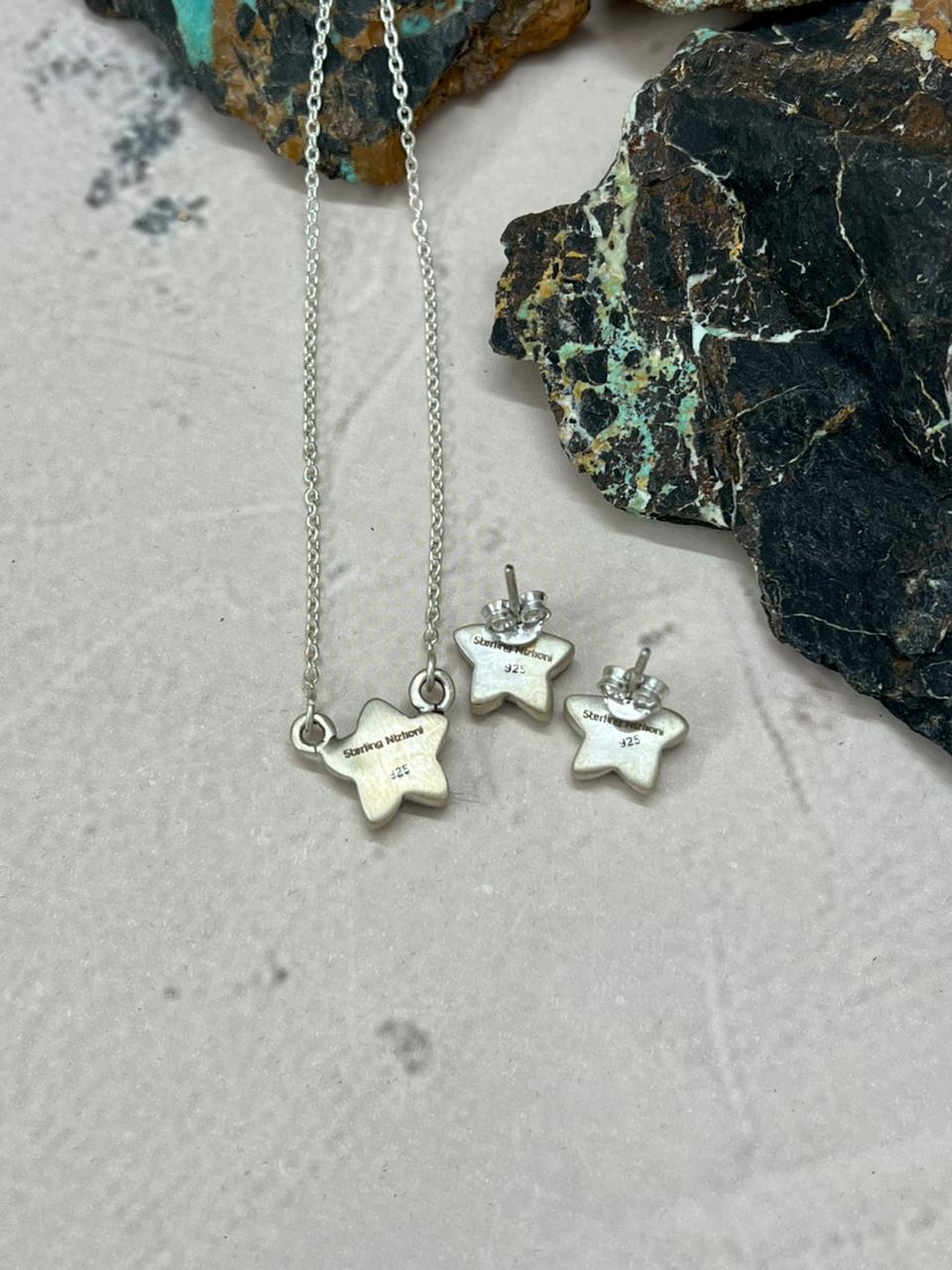 Handmade Sterling Silver Kingman Turquoise Necklace Earrings Set "Signed Nizhoni"