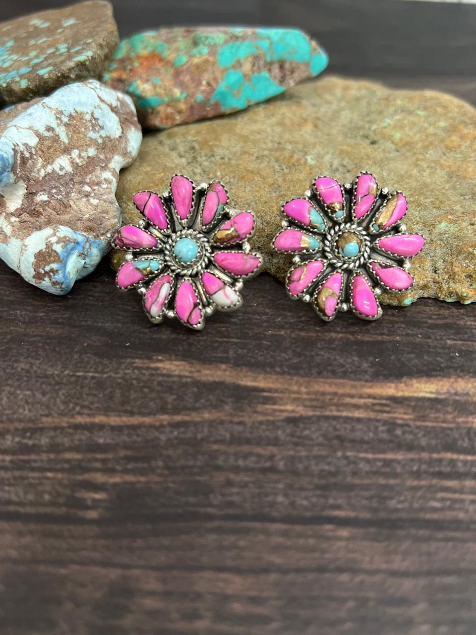 Handmade Sterling Silver Cotton Candy Turquoise Post Studs with Signed Nizhoni