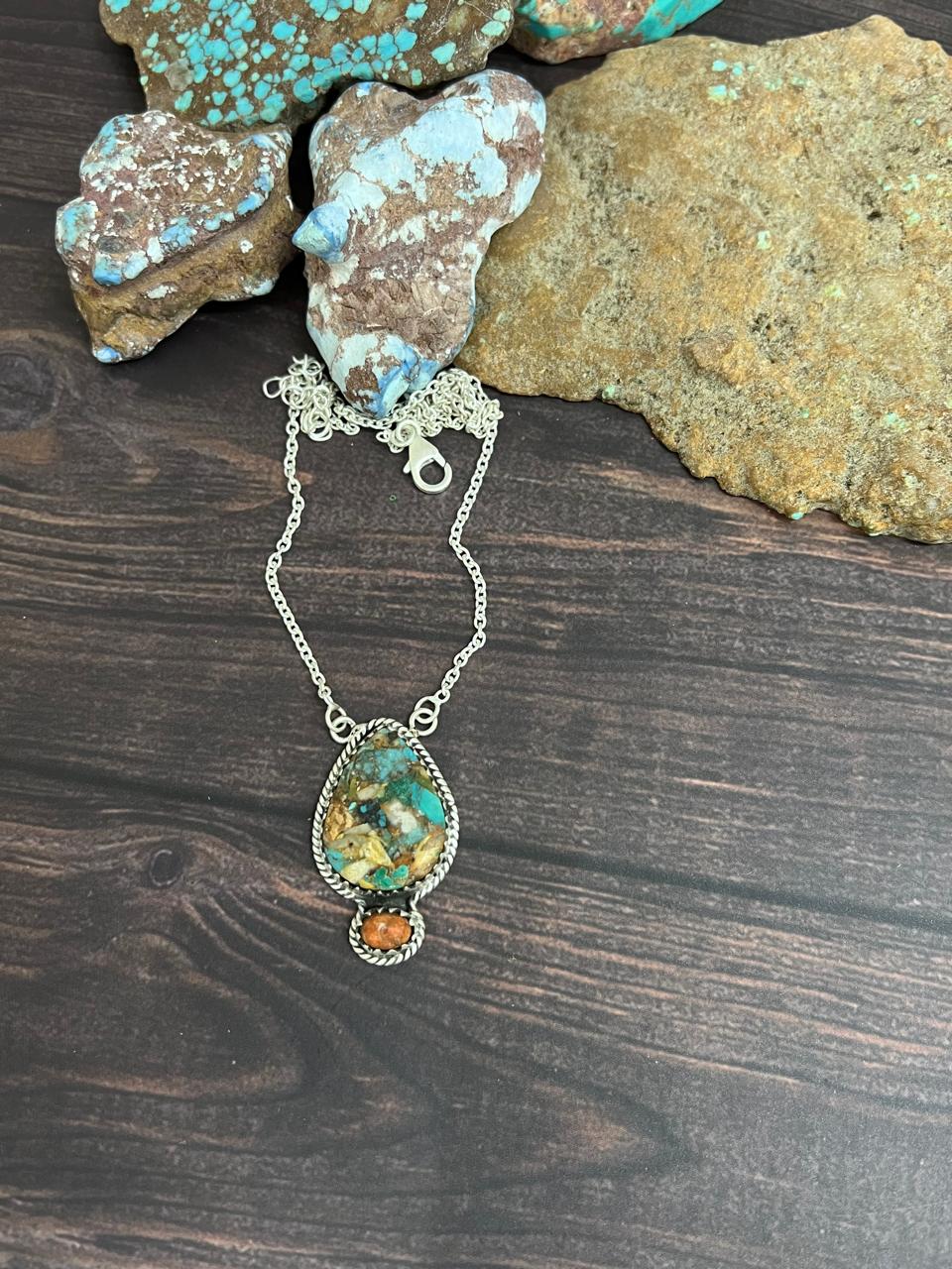 Handmade Sterling Silver Royston Turquoise with Orange Mojave Necklace, Signed Nizhoni
