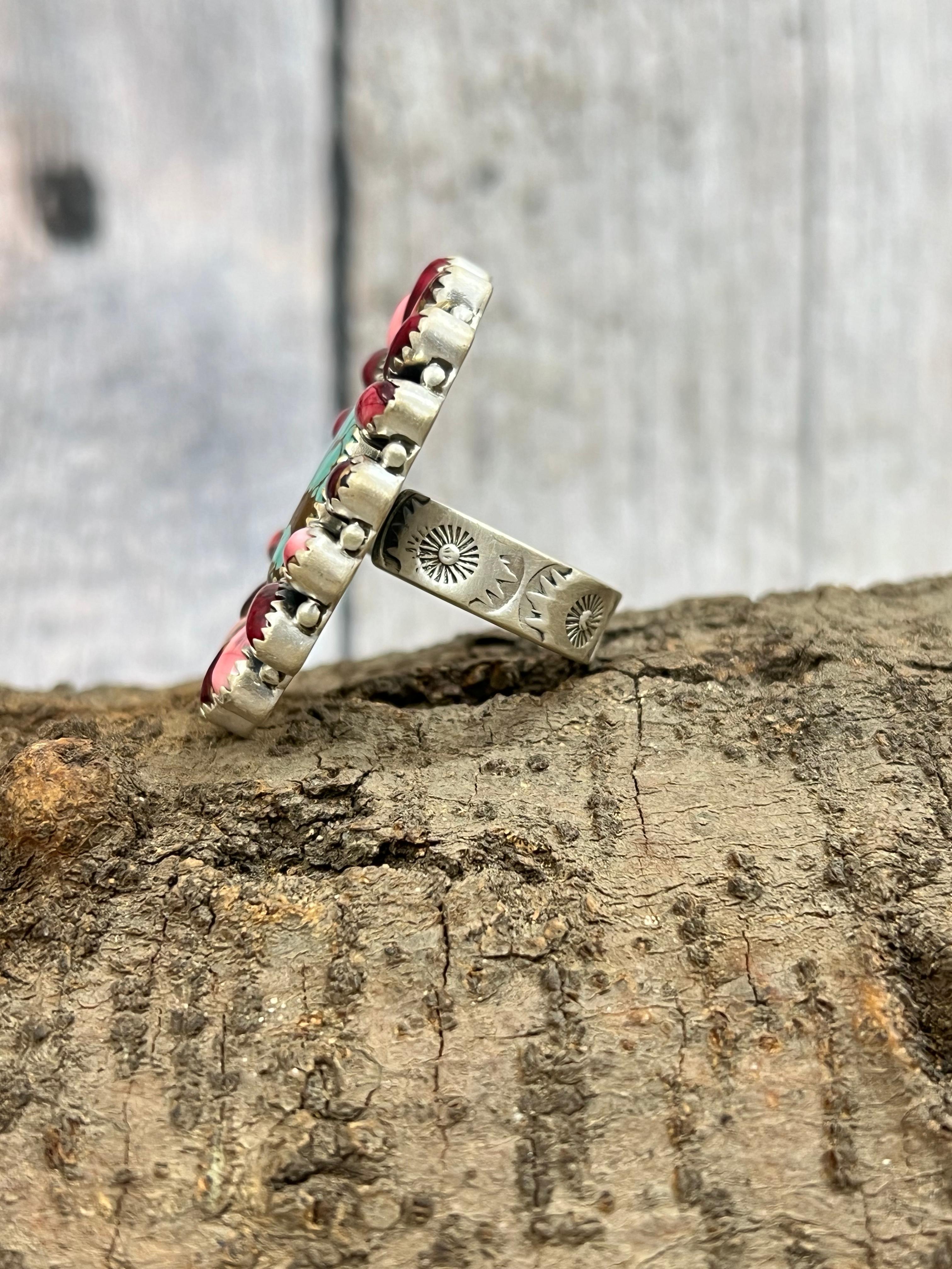 Handmade Sterling Silver Number 8 with Dahlia Rose Adjustable Ring with Signed Nizhoni