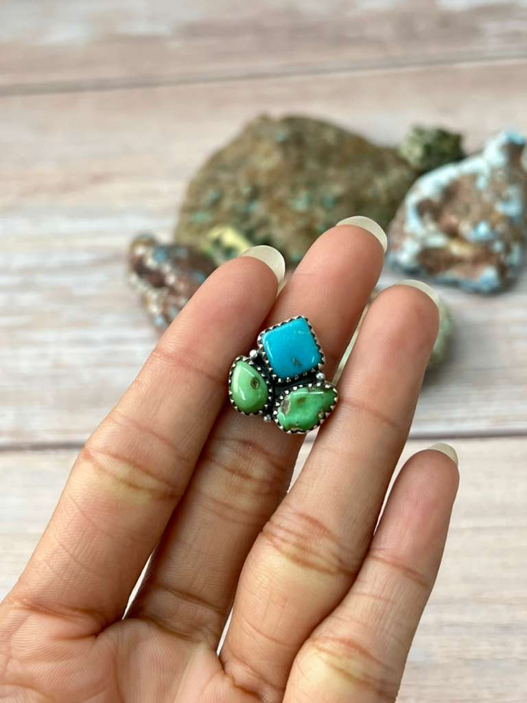 Handmade Sterling Silver Sonoran Mountain Turquoise with White Water Adjustable Ring "Signed Nizhoni"