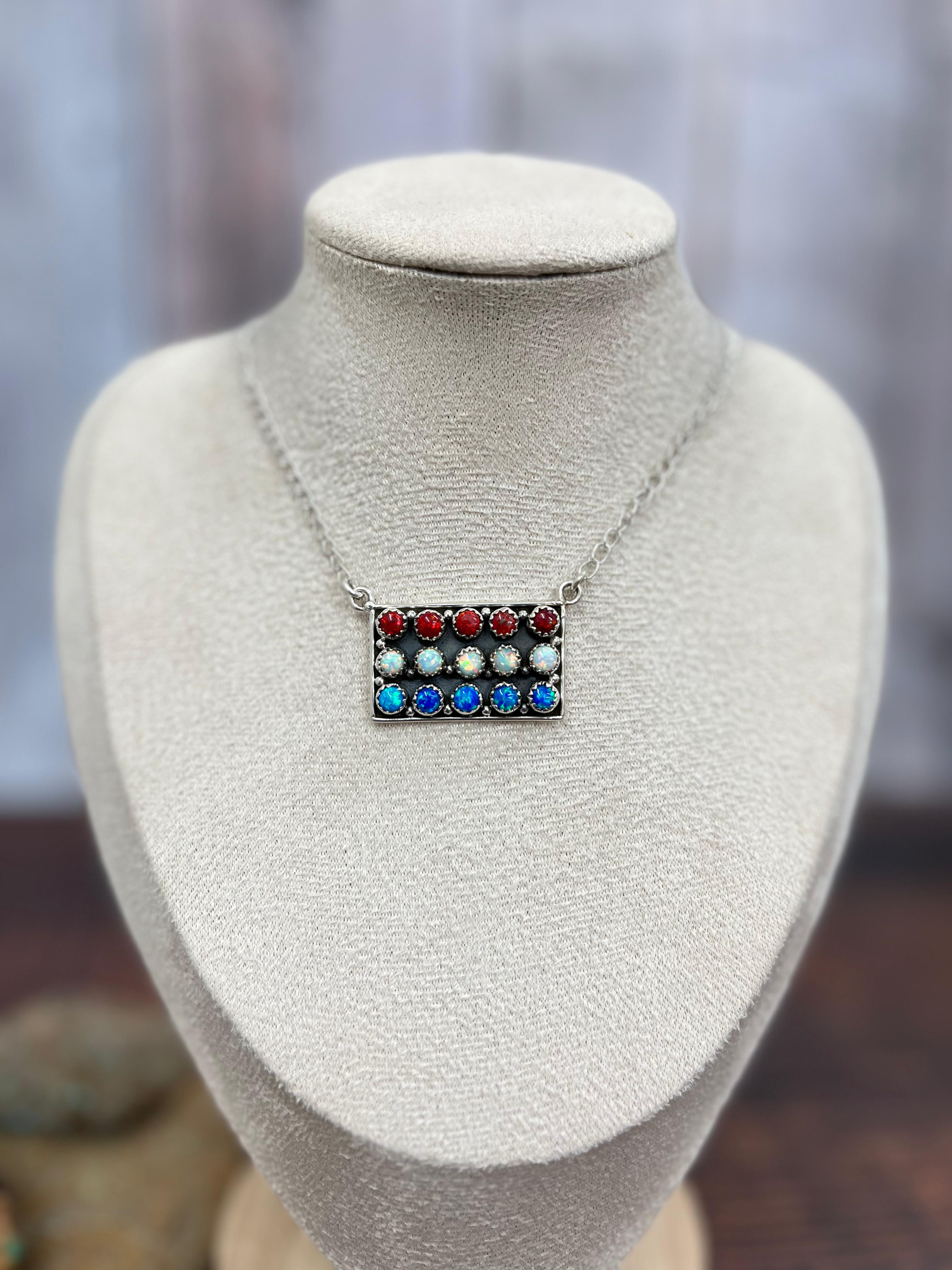 ** 4TH OF JULY ** Handmade Sterling Silver Synthetic Opal Necklace with Signed Nizhoni
