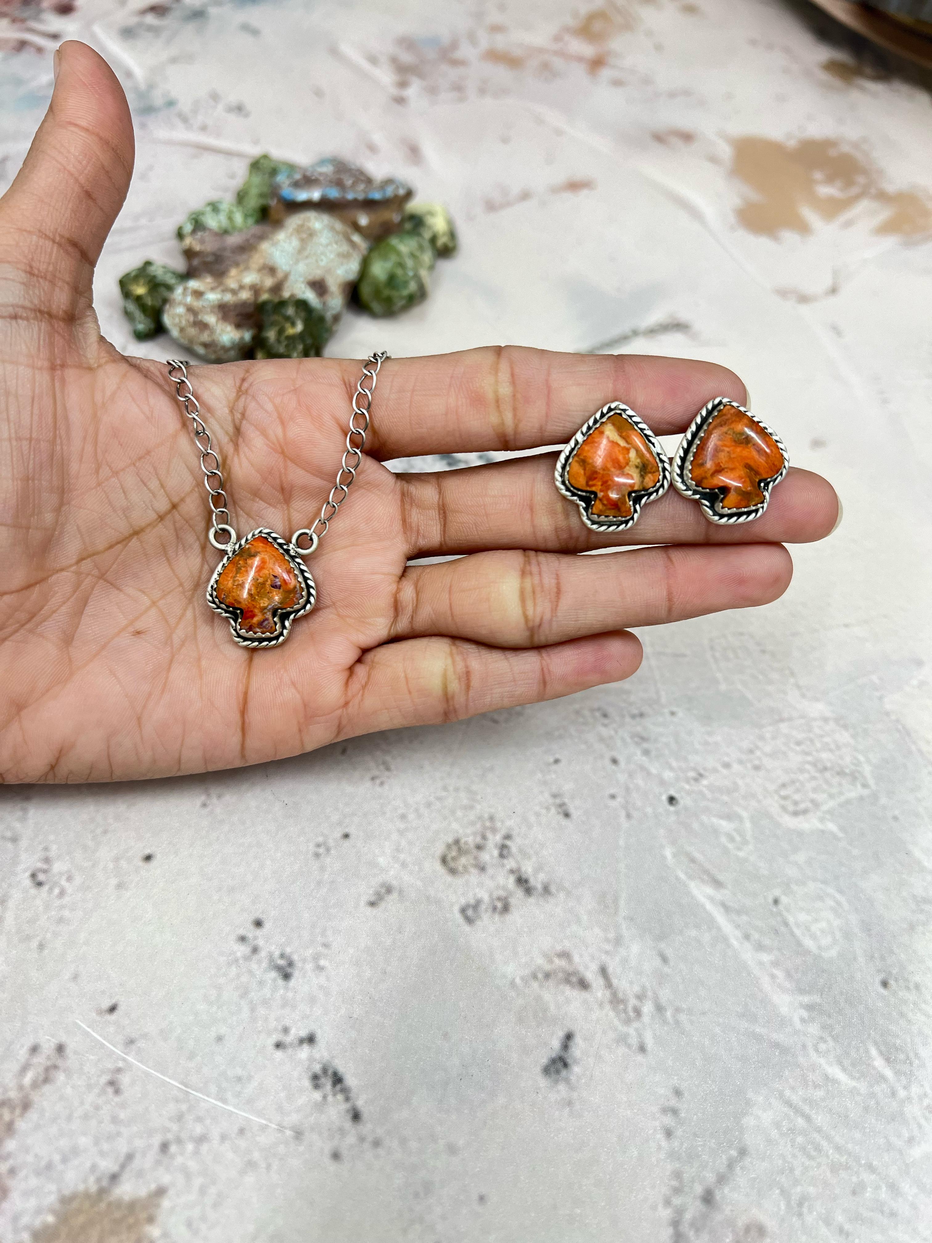 Handmade Sterling Silver Orange Mojave Necklace Earrings Spade Set with Signed Nizhoni