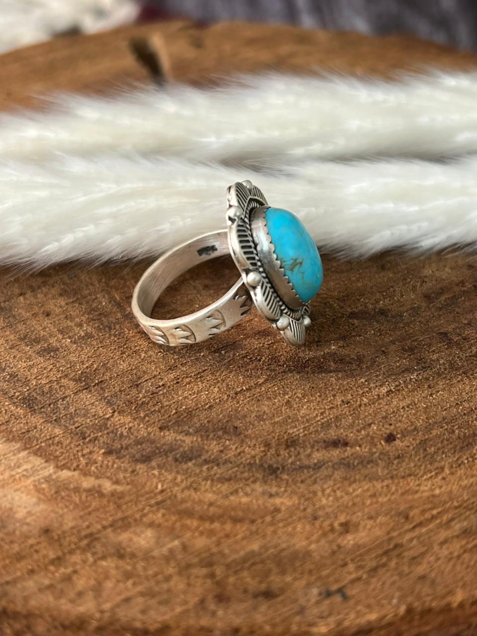 Handmade Sterling Silver Natural Blue Turquoise Adjustable Ring "Signed Nizhoni"