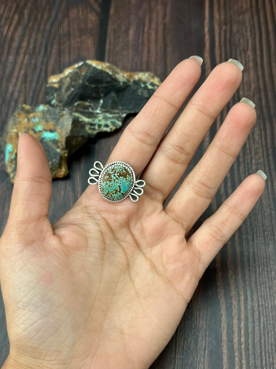 Handmade Sterling Silver Number 8 Turquoise Adjustable Ring "Singed Nizhoni"