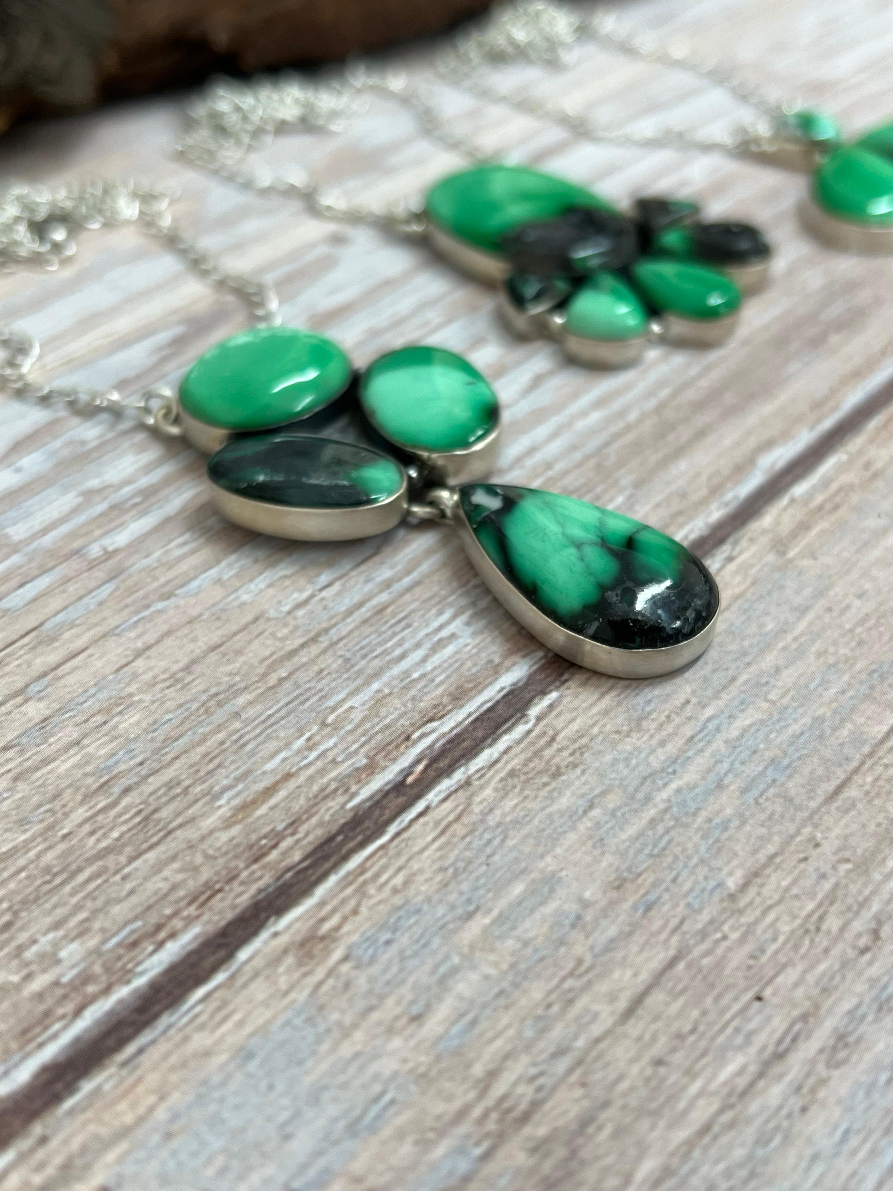 Handmade Sterling Silver Emerald Rose Necklace with Signed Nizhoni