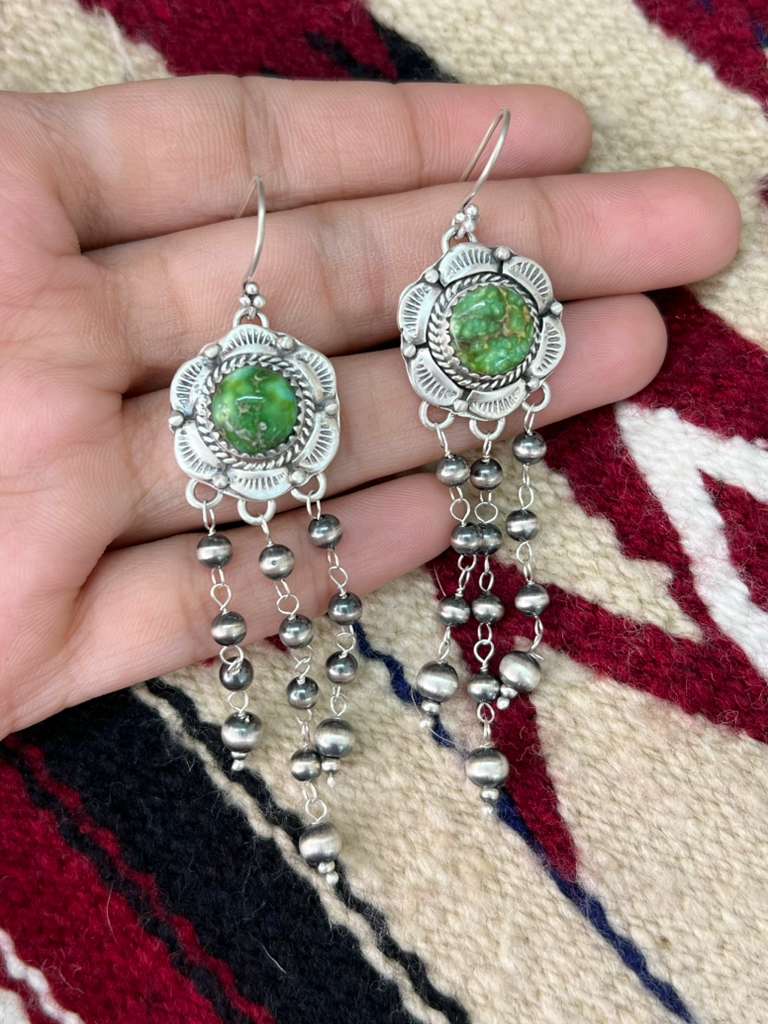 Handmade Sterling Silver Kingman Turquoise Hook Dangle Earrings with Signed Nizhoni