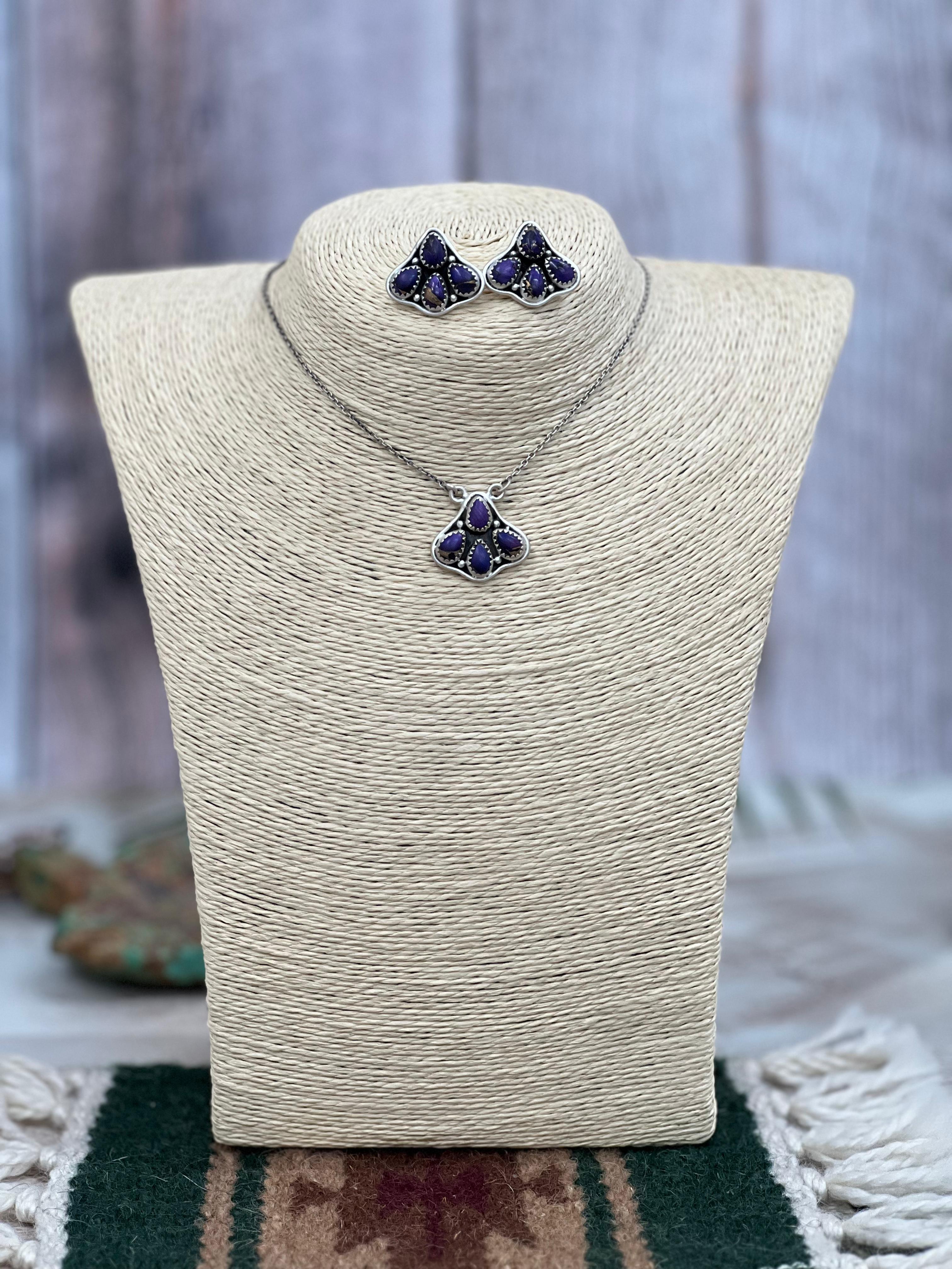 Handmade Sterling Silver Grape Dahlia Necklace Earrings Set, Signed Nizhoni