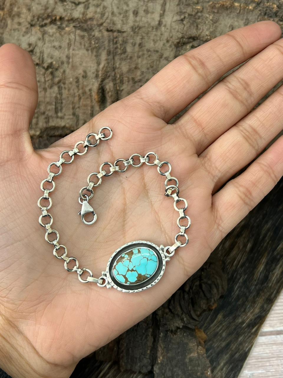 Handmade Sterling Silver Number 8 Turquoise Chain Bracelet "Signed Nizhoni"